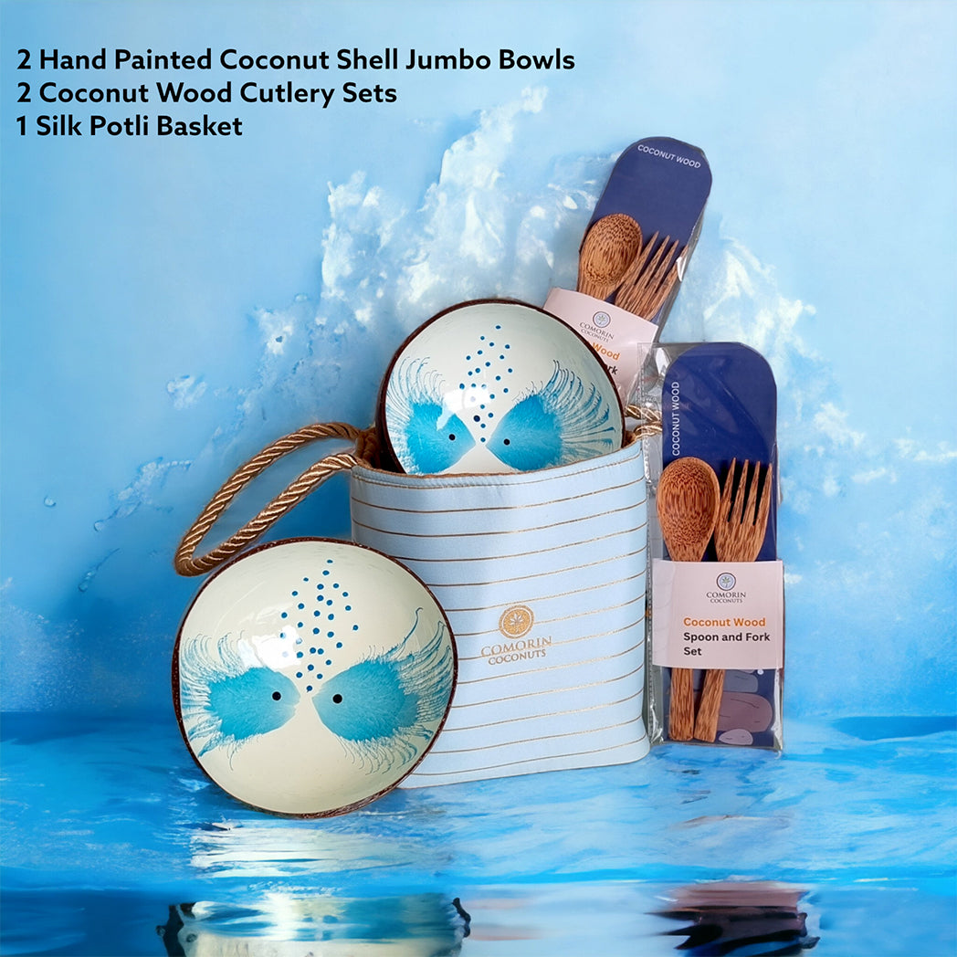 Comorin Coconuts Natural Delight Coconut Bowls & Coconut Wood Cutlery Set with Gift Bag