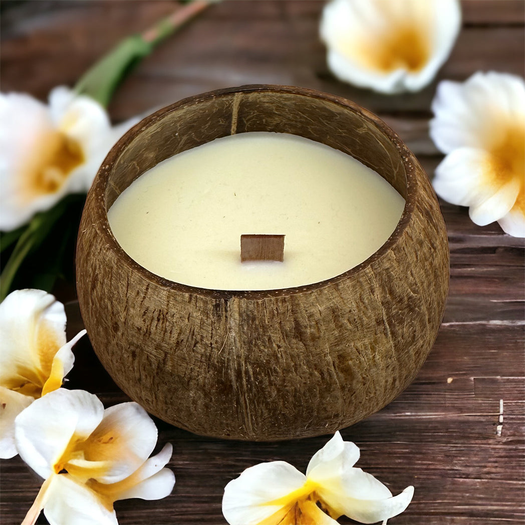 Comorin Coconuts Coconut Shell Vanilla Chai Scented Candle: Pure Soy Wax, Wooden Wick - 55 Hours, 300g
