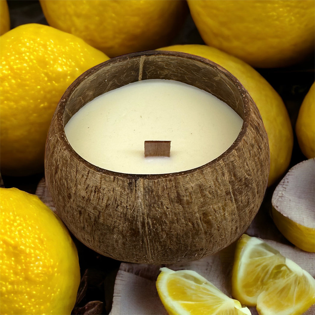 Comorin Coconuts Coconut Shell Citrus Lime Scented Candle: Pure Soy Wax, Wooden Wick - 55 Hours, 300g