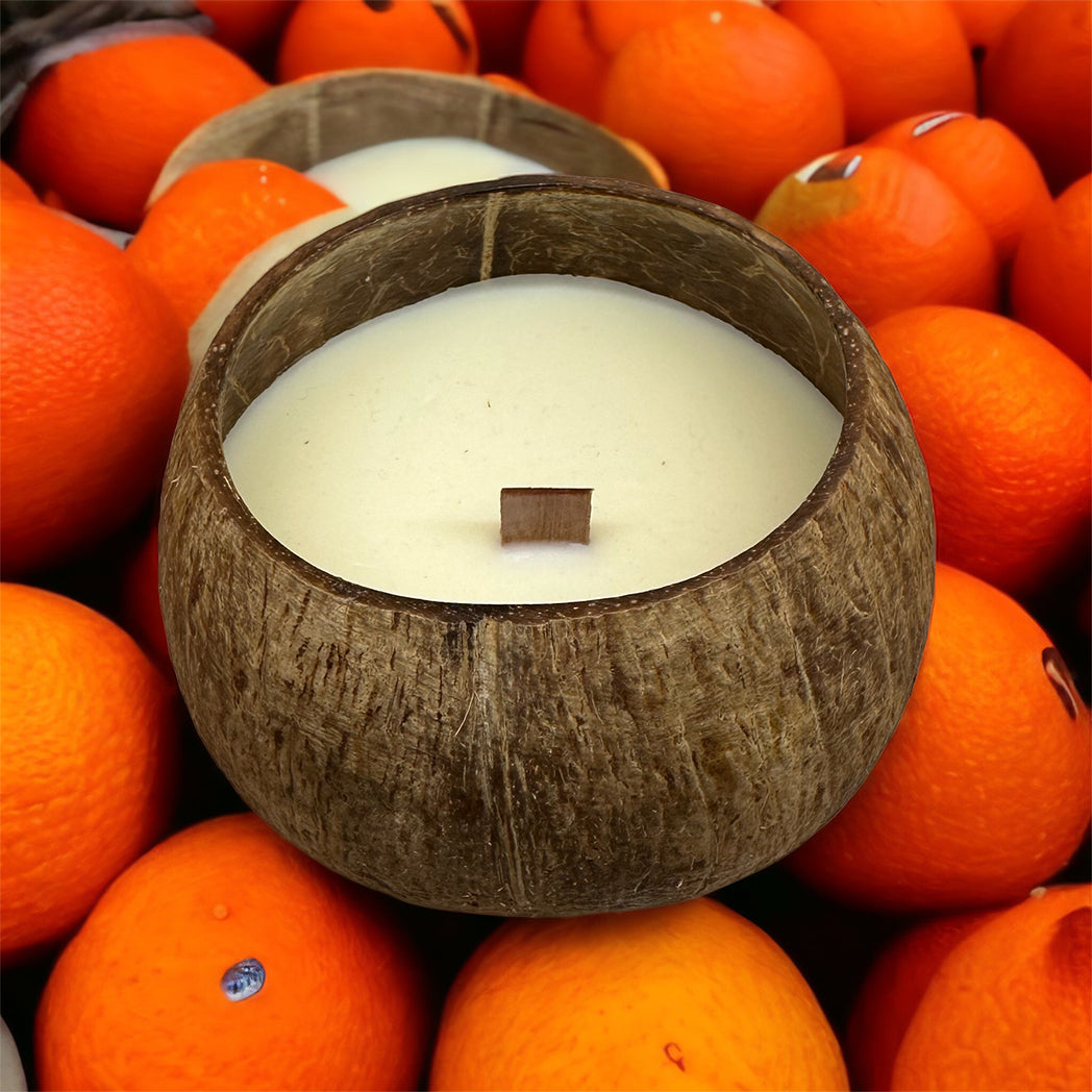 Comorin Coconuts Coconut Shell Cheerful Orange Scented Candle: Pure Soy Wax, Wooden Wick - 55 Hours, 300g