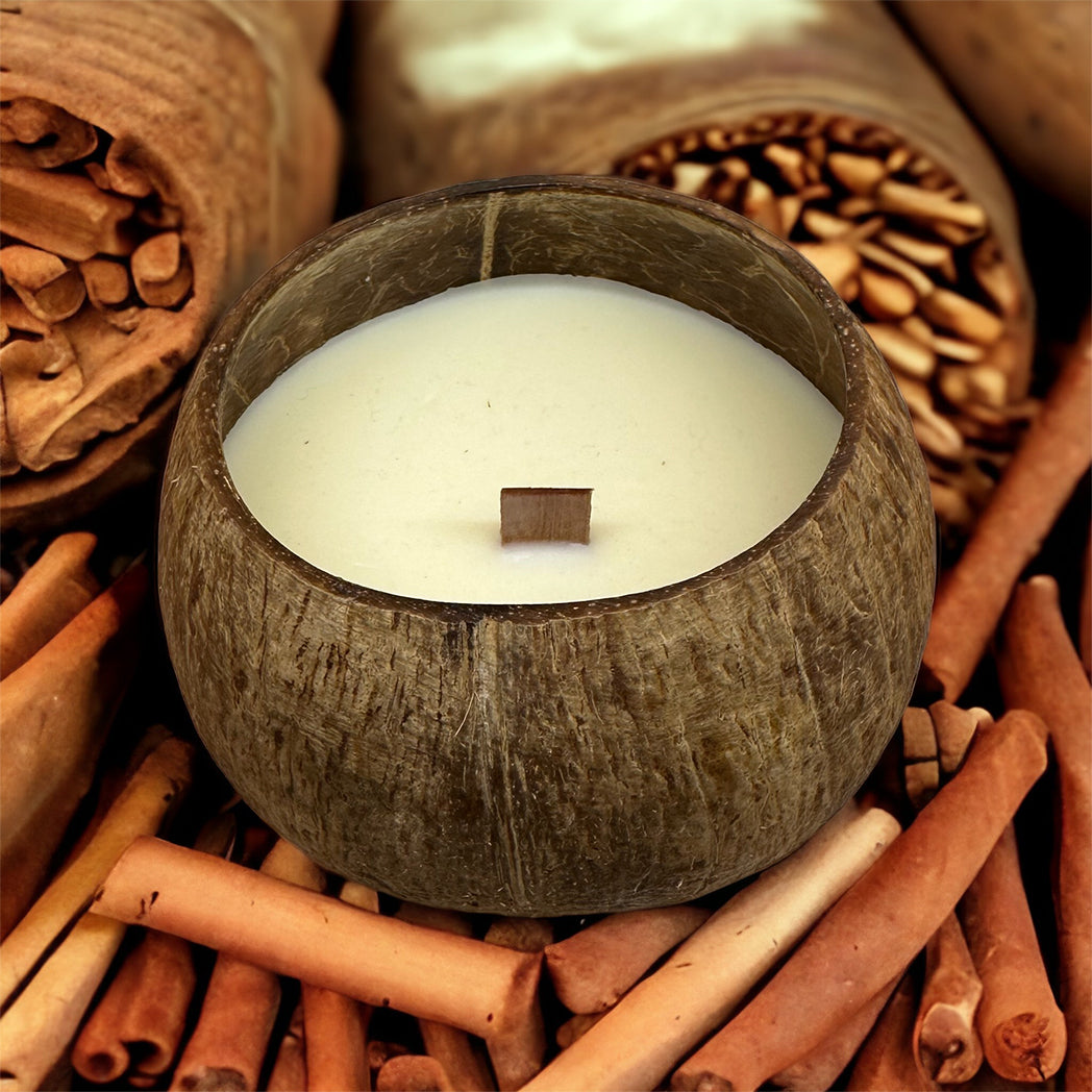 Comorin Coconuts Coconut Shell Comfy Cinnamon Scented Candle: Pure Soy Wax, Wooden Wick - 55 Hours, 300g