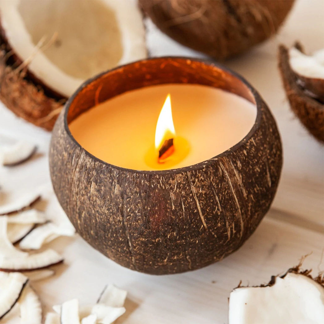 Comorin Coconuts Coconut Shell Caramel Scented Candle: Pure Soy Wax, Wooden Wick - 55 Hours, 300g