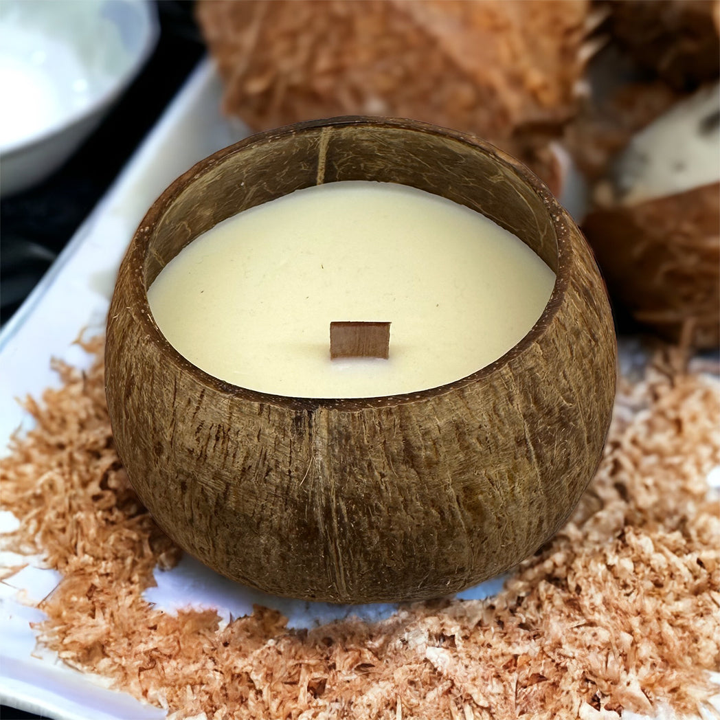 Comorin Coconuts Coconut Shell Toasted Coconut Scented Candle: Pure Soy Wax, Wooden Wick - 55 Hours, 300g