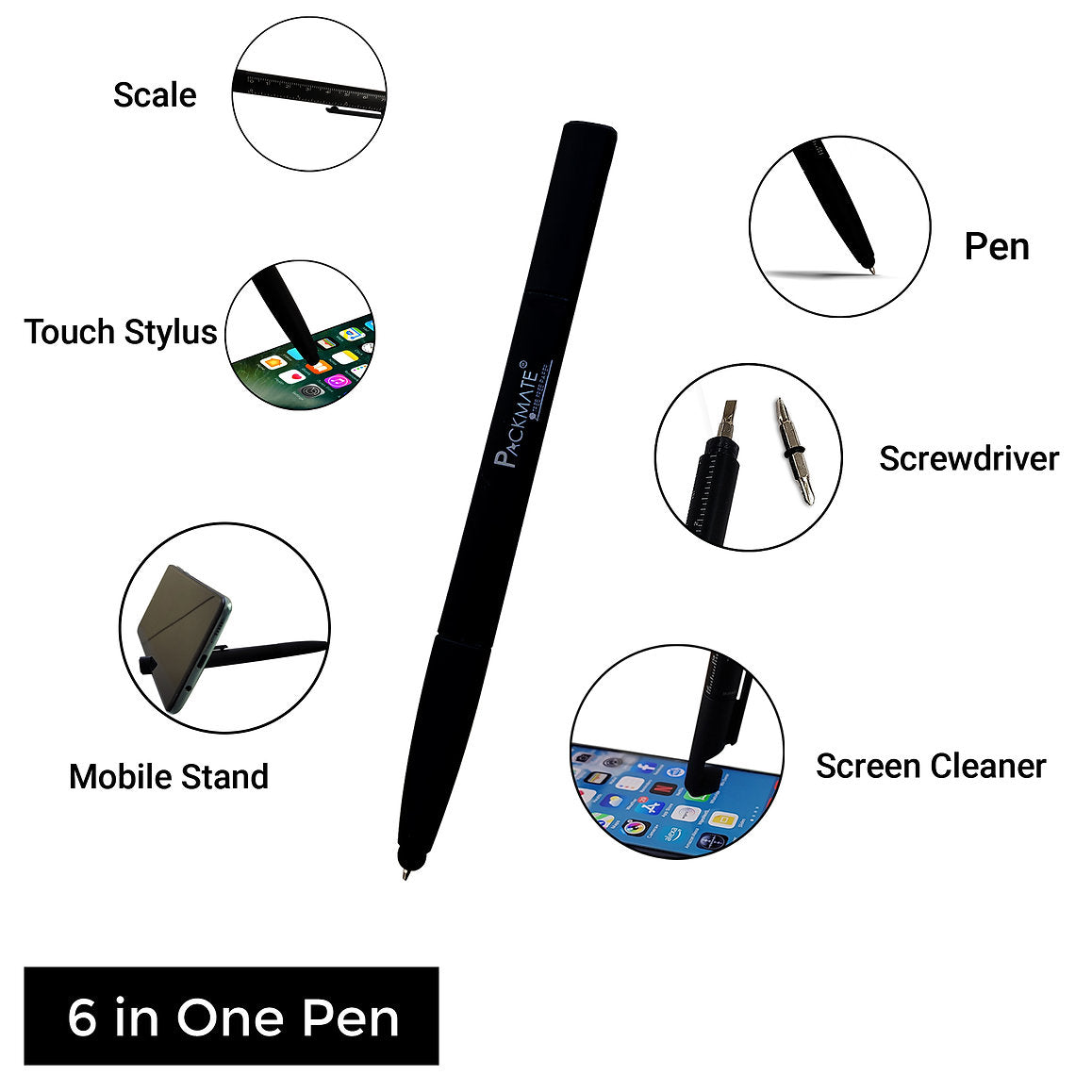 PackMate Multipurpose Pen 6 In-1 Pen With Mobile Stand,Mobile Screen Cleaner,Scale,Screwdriver&Stylus.,Tablet