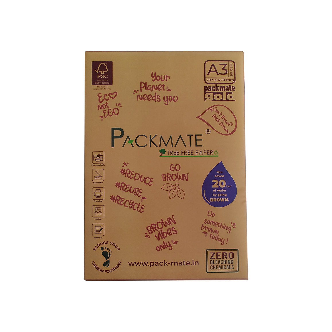 Packmate Gold Unbleached Copier - Natural Shade - A3 Size - | Made of 100% Recycled Paper - Tree Free Paper - 1 Ream - 500 sheets