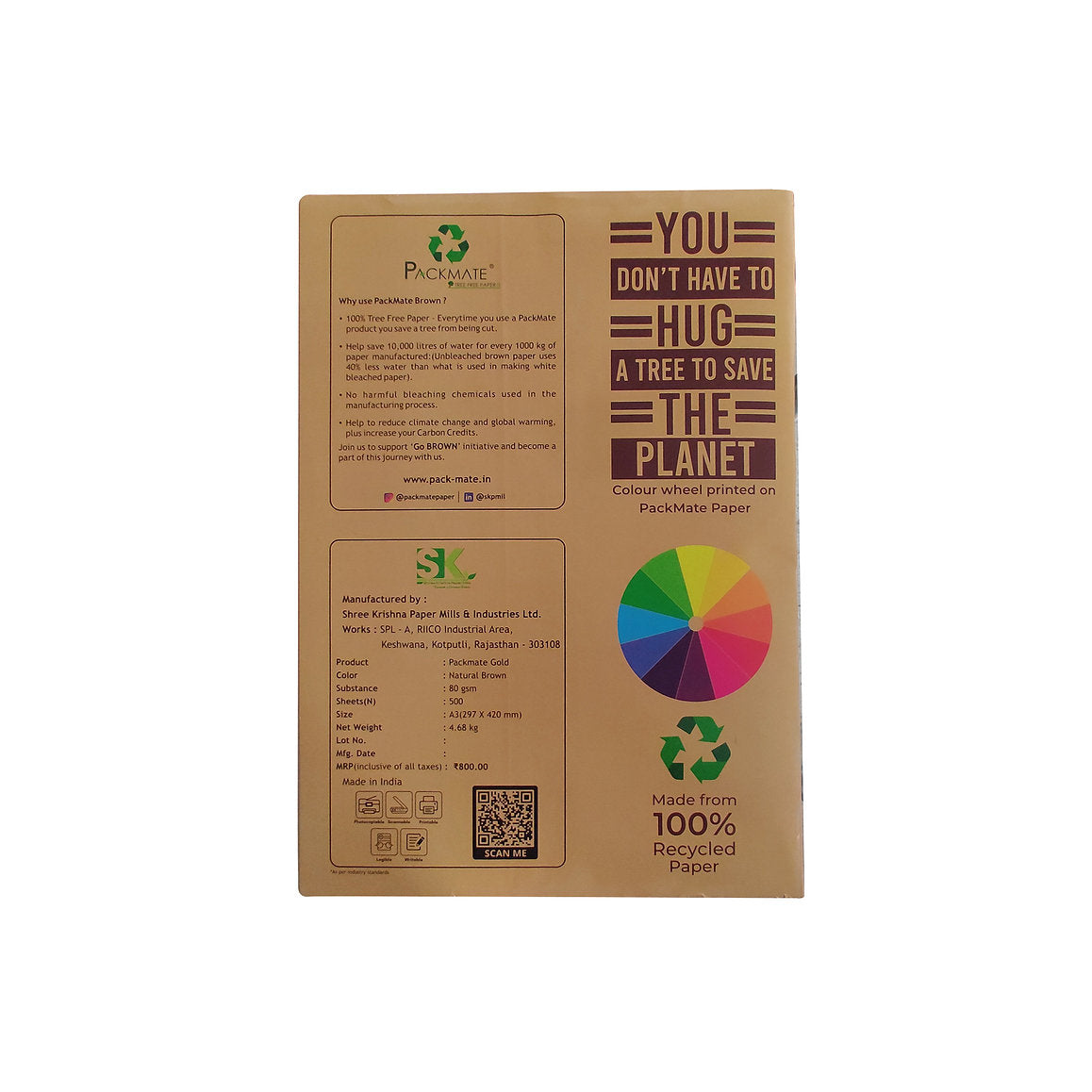 Packmate Gold Unbleached Copier - Natural Shade - A3 Size - | Made of 100% Recycled Paper - Tree Free Paper - 1 Ream - 500 sheets