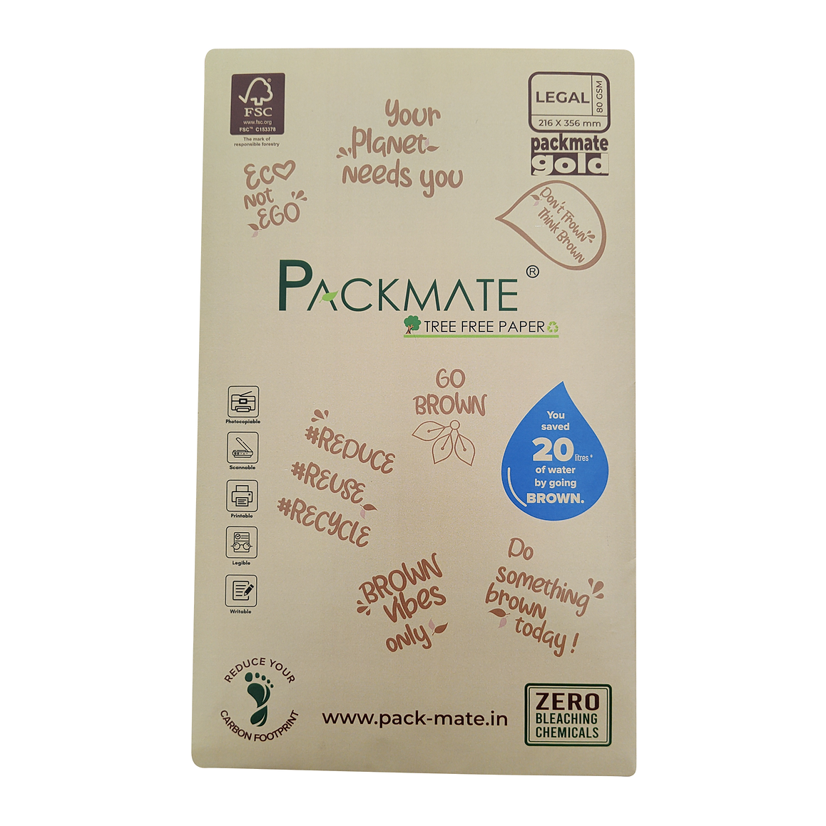 Packmate Gold Copier - Legal,1 Ream, 500 Sheet | Made From 100% Recycled Paper