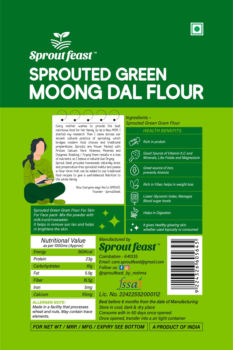Sprout Feast Sprouted Green Moong Flour 400g