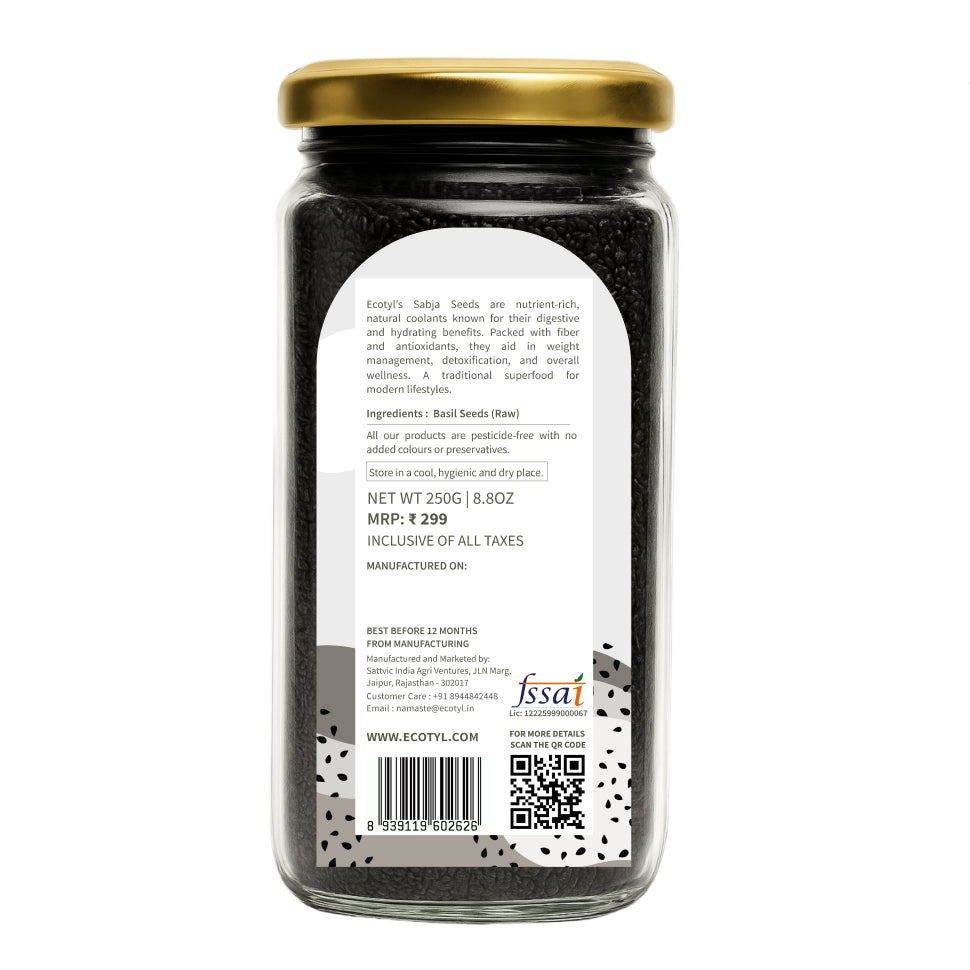 Ecotyl Basil Seeds | Sabja Seeds | Rich in Omega-3 & Fibre | Detox & Hydrate | 250g