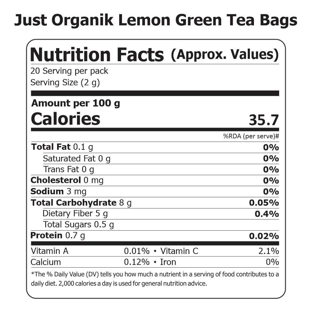 Just Organik Organic Lemon Green Tea 20 TEA BAGS