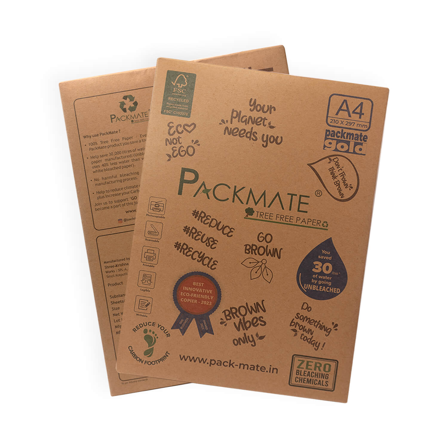 PackMate Gold Unbleached Natural Shade Brown Copier | Made Using 100% Recycled Paper | Biodegradable & Recyclable - A4, 1 Ream, 500 Sheets