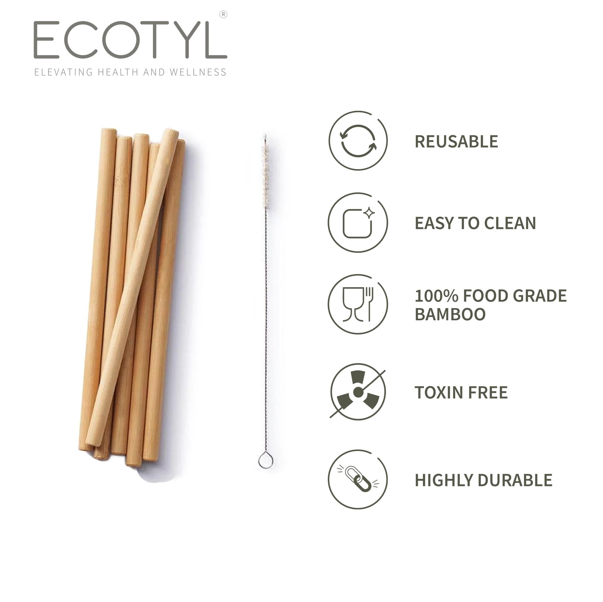 Ecotyl Bamboo Straws with Cleaning Brush | Set of 6 | Reusable Straws
