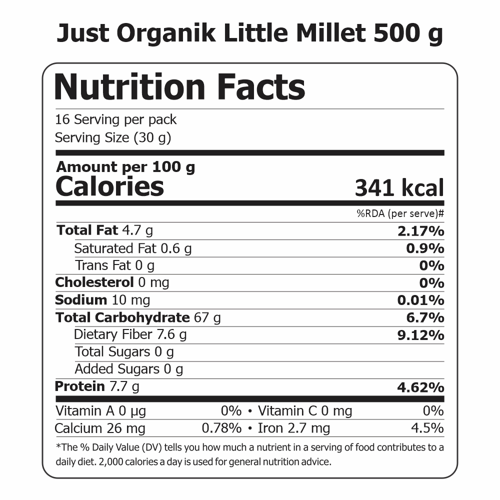 Just Organik Organic Little Millet 1kg (pack of 2, 2x500g)