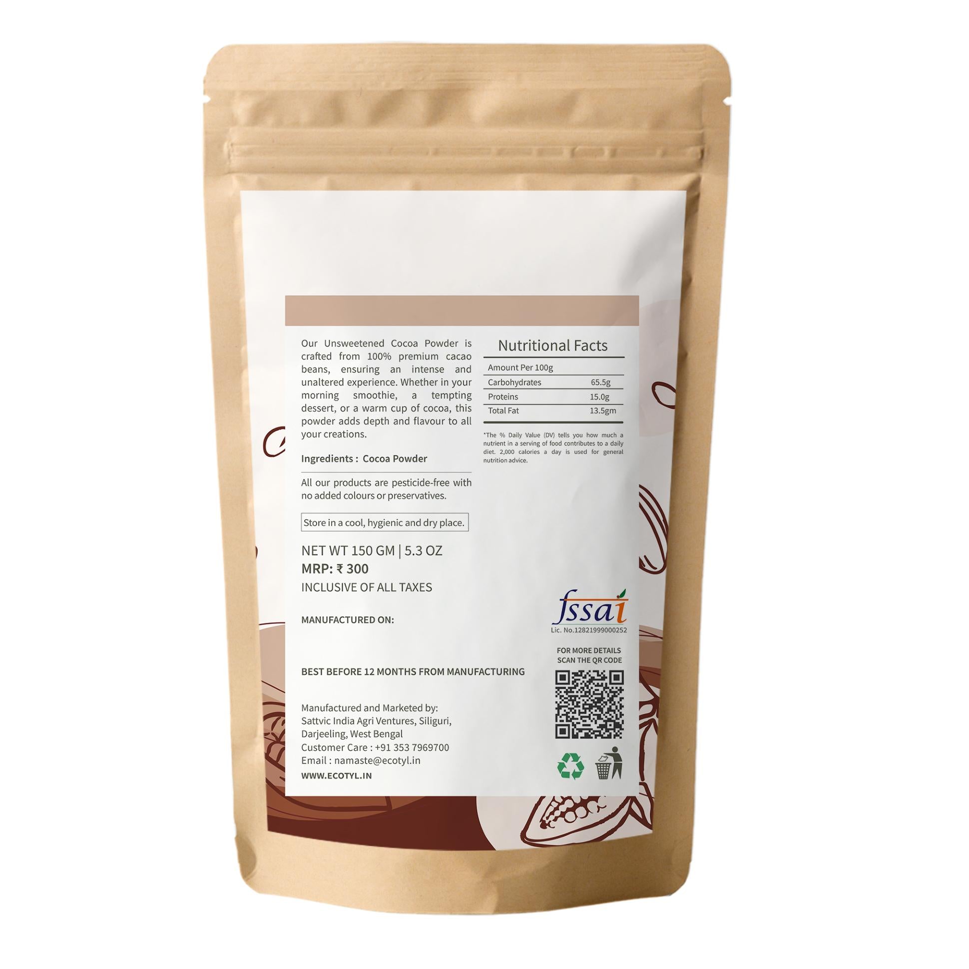 Ecotyl Cocoa Powder | Unsweetened | Perfect for Baking | 150g