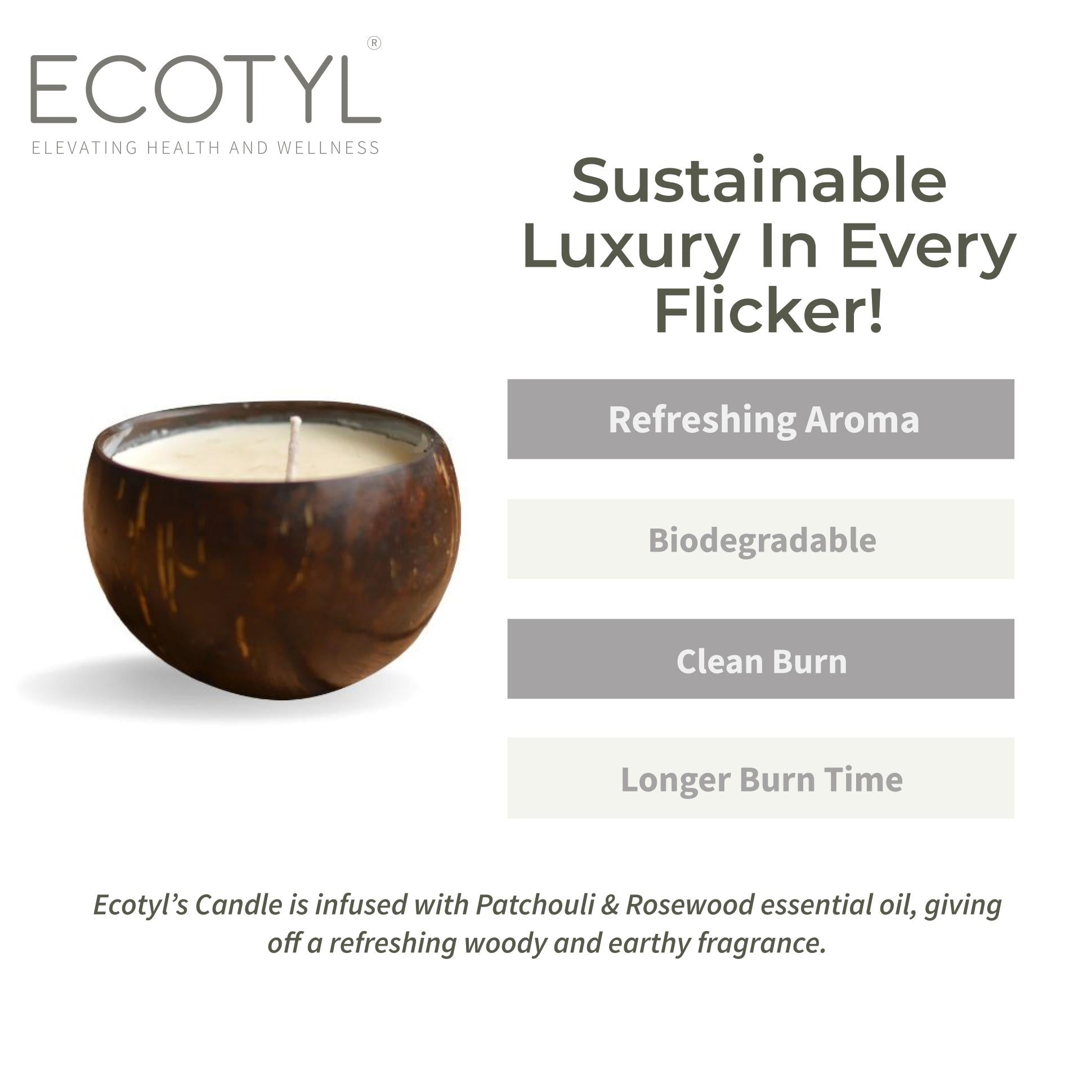 Ecotyl Coconut Shell Candle - Patchouli & Rosewood | Pure Soy Wax | 100g