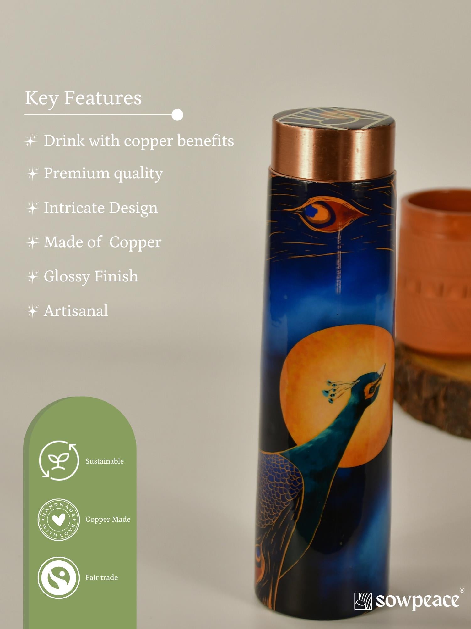 Sowpeace Lunar-themed bottle with peacock motif