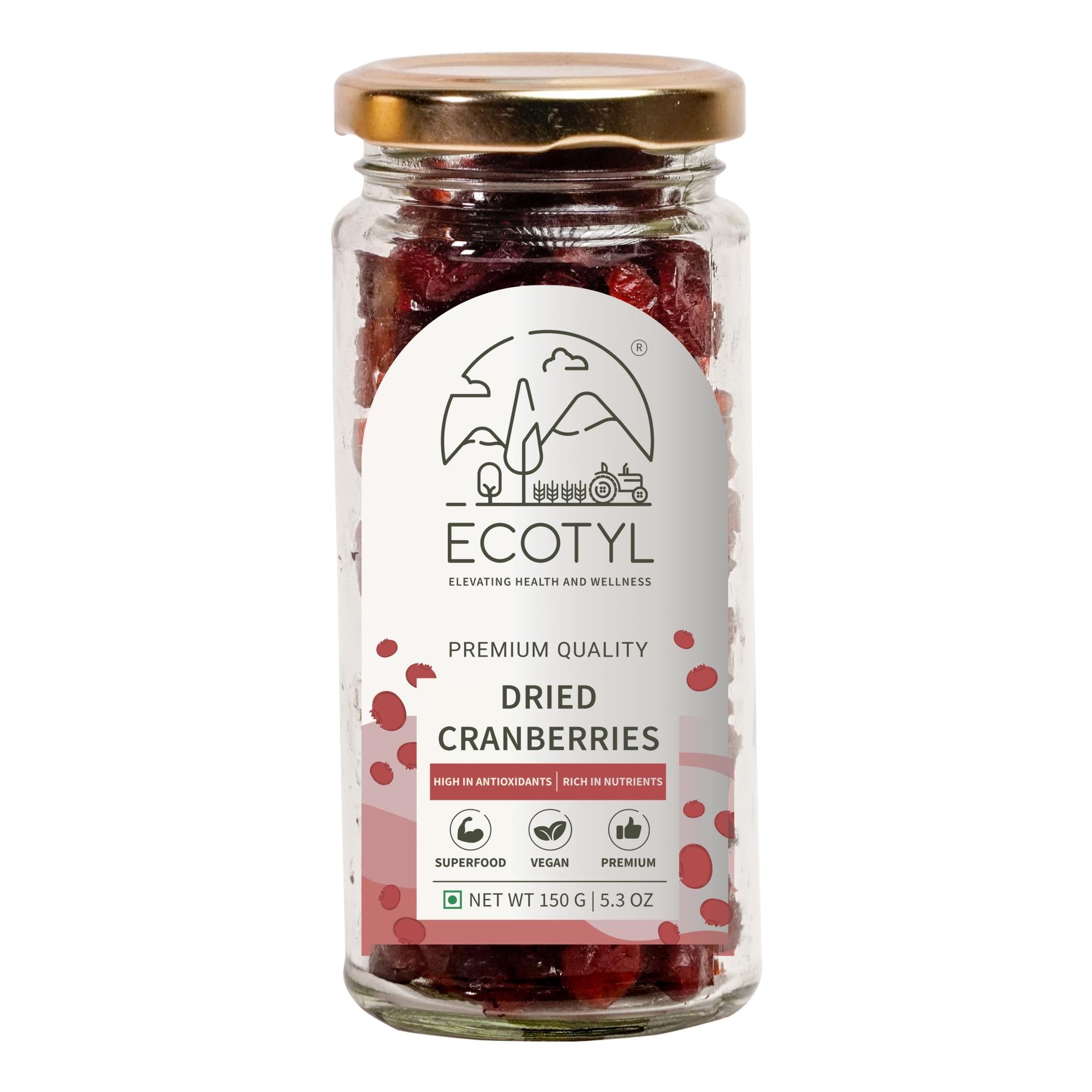 Ecotyl Dried Cranberries | Seedless Dried Fruit | Healthy Snack | 150g