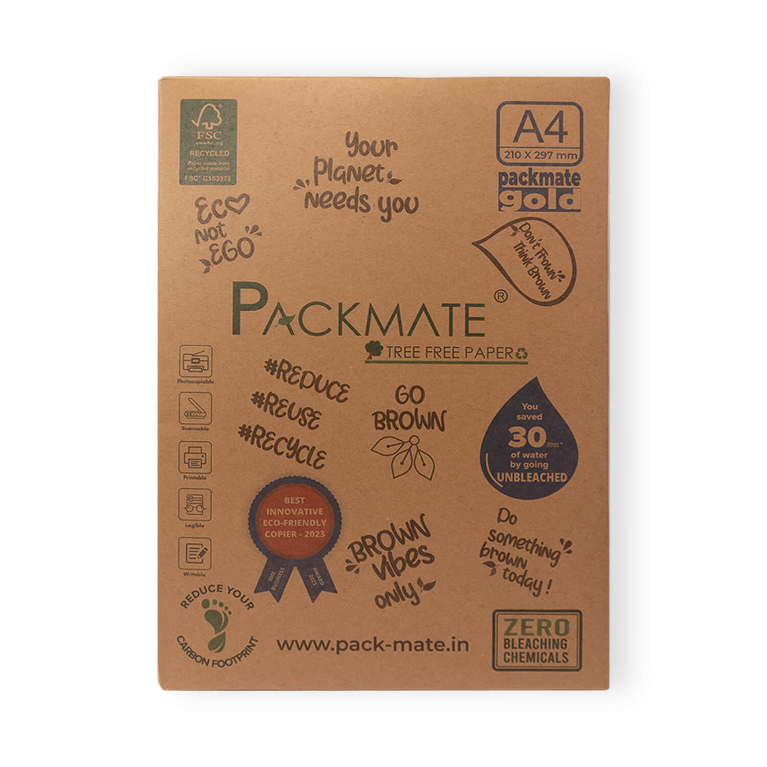 PackMate Gold Unbleached Natural Shade Brown Copier | Made Using 100% Recycled Paper | Biodegradable & Recyclable - A4, 1 Ream, 500 Sheets