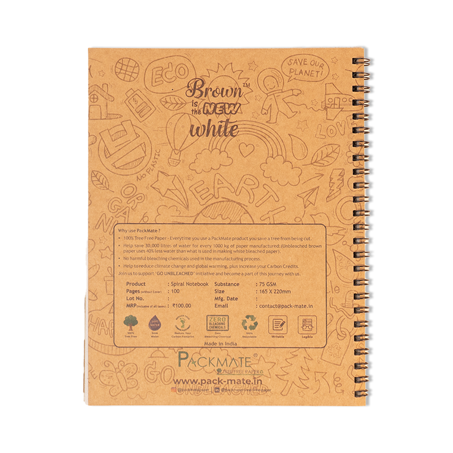 PackMate Spiral Notebook | For Office & Personal Use | Made Using 100% Recycled Paper ( Cover design: you don’t have to hug a tree)