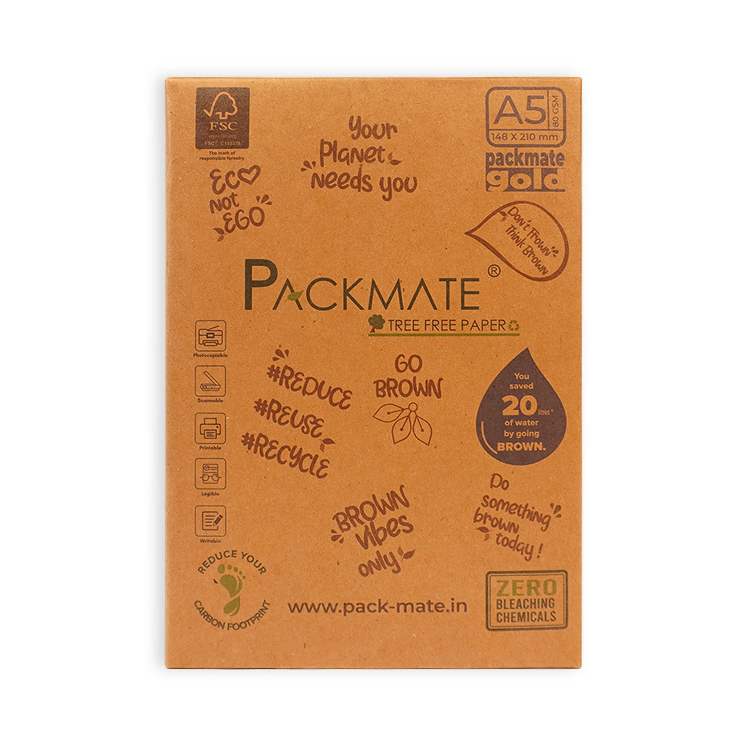 Packmate Gold Unbleached Copier - Natural Shade - A5 Size - | Made of 100% Recycled Paper - Tree Free Paper - 2 Ream - 1000 sheets
