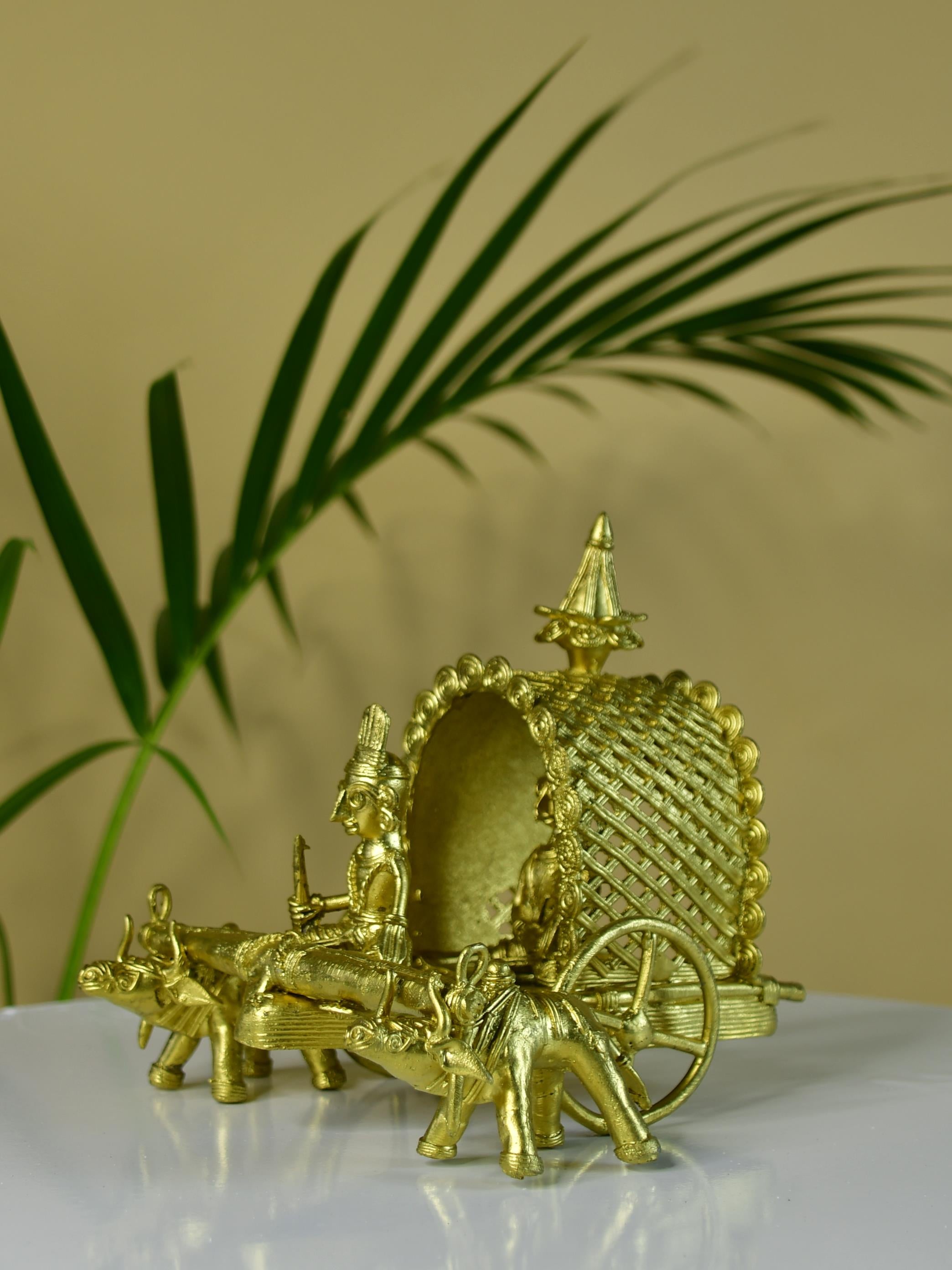 Sowpeace Handmade Dhokra Large Dhokra Craft - Cow Cart Brass Decor tabletop showpiece/figurine made of brass, by artisans, for home decoration and gifting (24cm, large, gold)