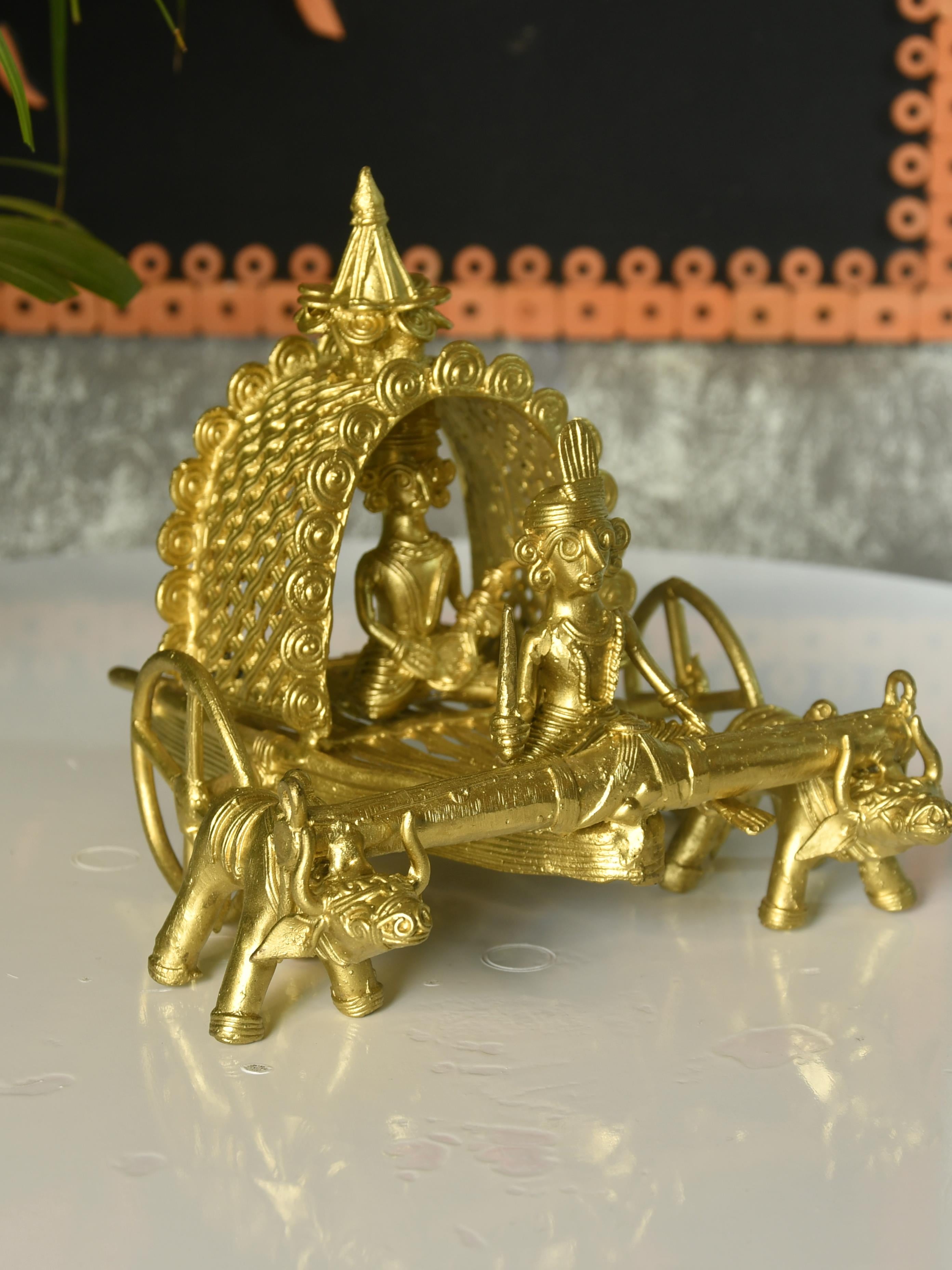Sowpeace Handmade Dhokra Large Dhokra Craft - Cow Cart Brass Decor tabletop showpiece/figurine made of brass, by artisans, for home decoration and gifting (24cm, large, gold)