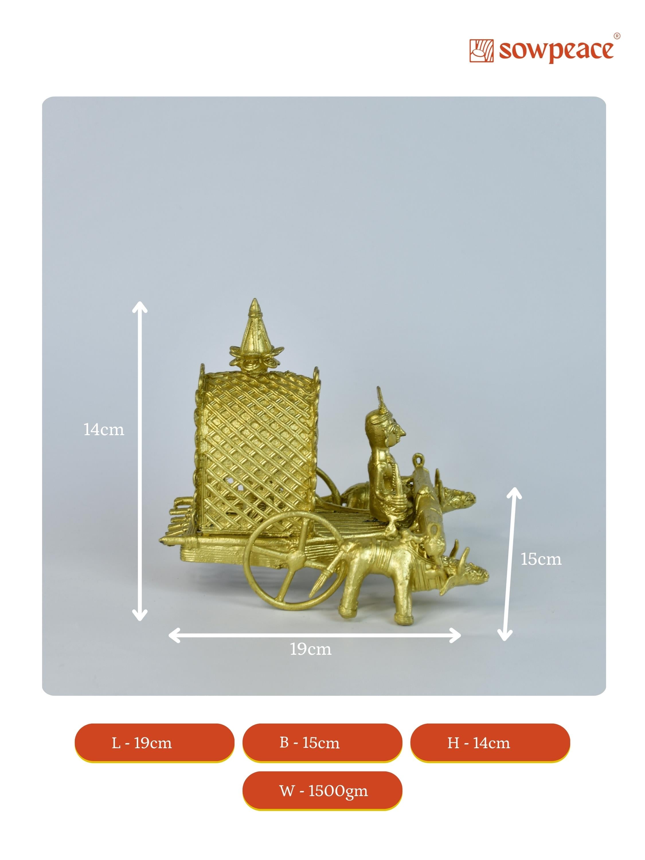 Sowpeace Handmade Dhokra Large Dhokra Craft - Cow Cart Brass Decor tabletop showpiece/figurine made of brass, by artisans, for home decoration and gifting (24cm, large, gold)