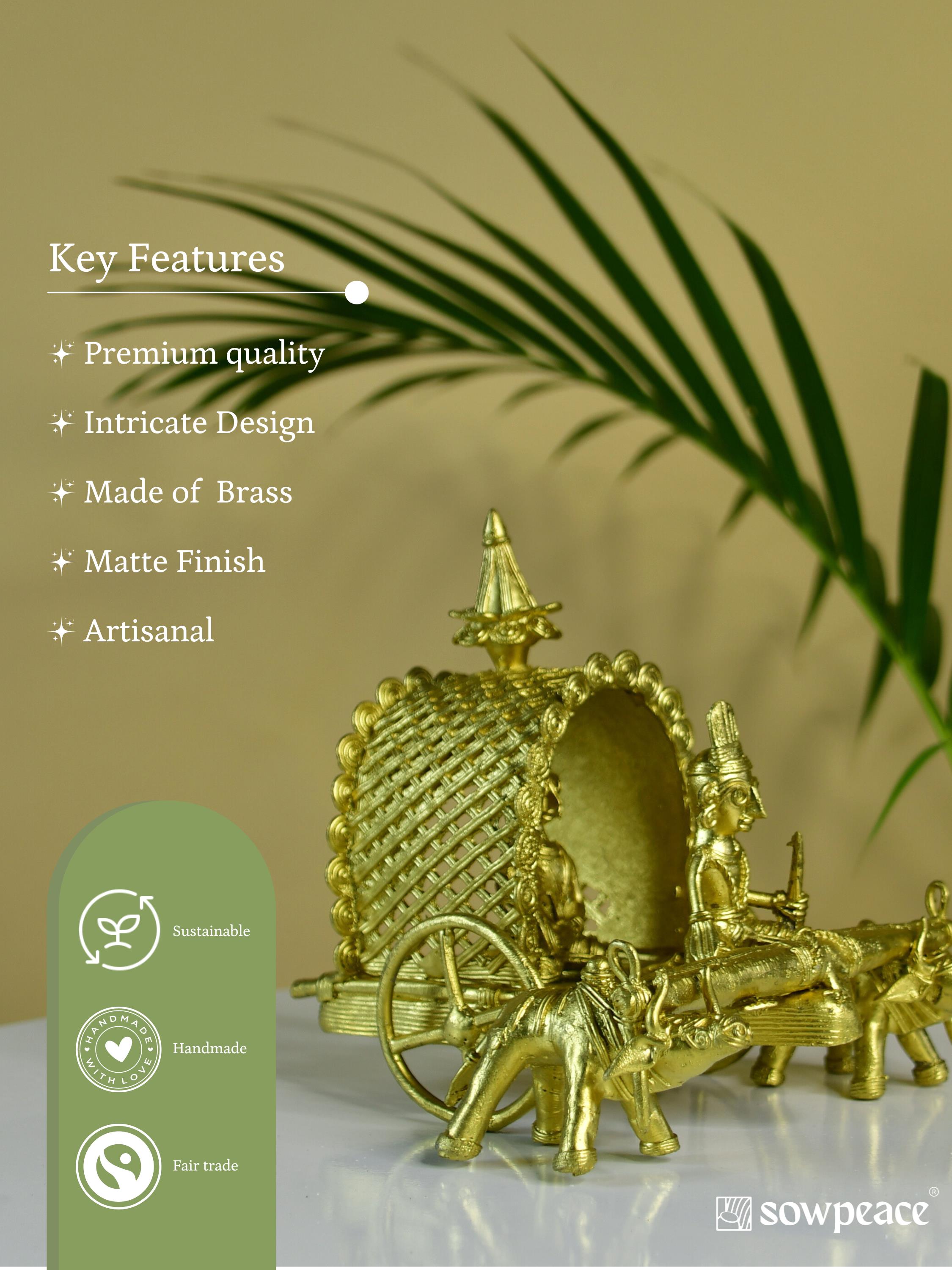 Sowpeace Handmade Dhokra Large Dhokra Craft - Cow Cart Brass Decor tabletop showpiece/figurine made of brass, by artisans, for home decoration and gifting (24cm, large, gold)