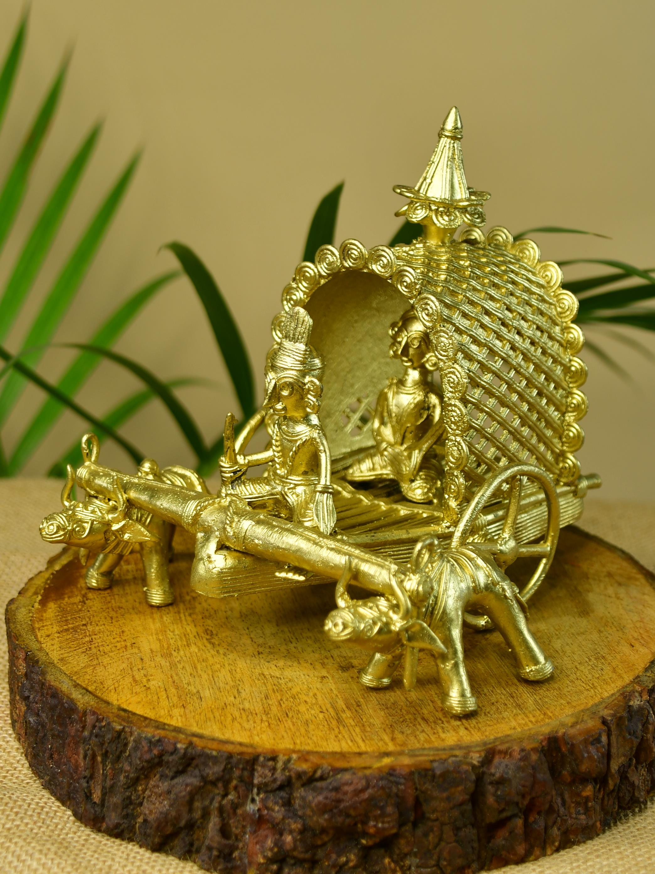 Sowpeace Handmade Dhokra Large Dhokra Craft - Cow Cart Brass Decor tabletop showpiece/figurine made of brass, by artisans, for home decoration and gifting (24cm, large, gold)