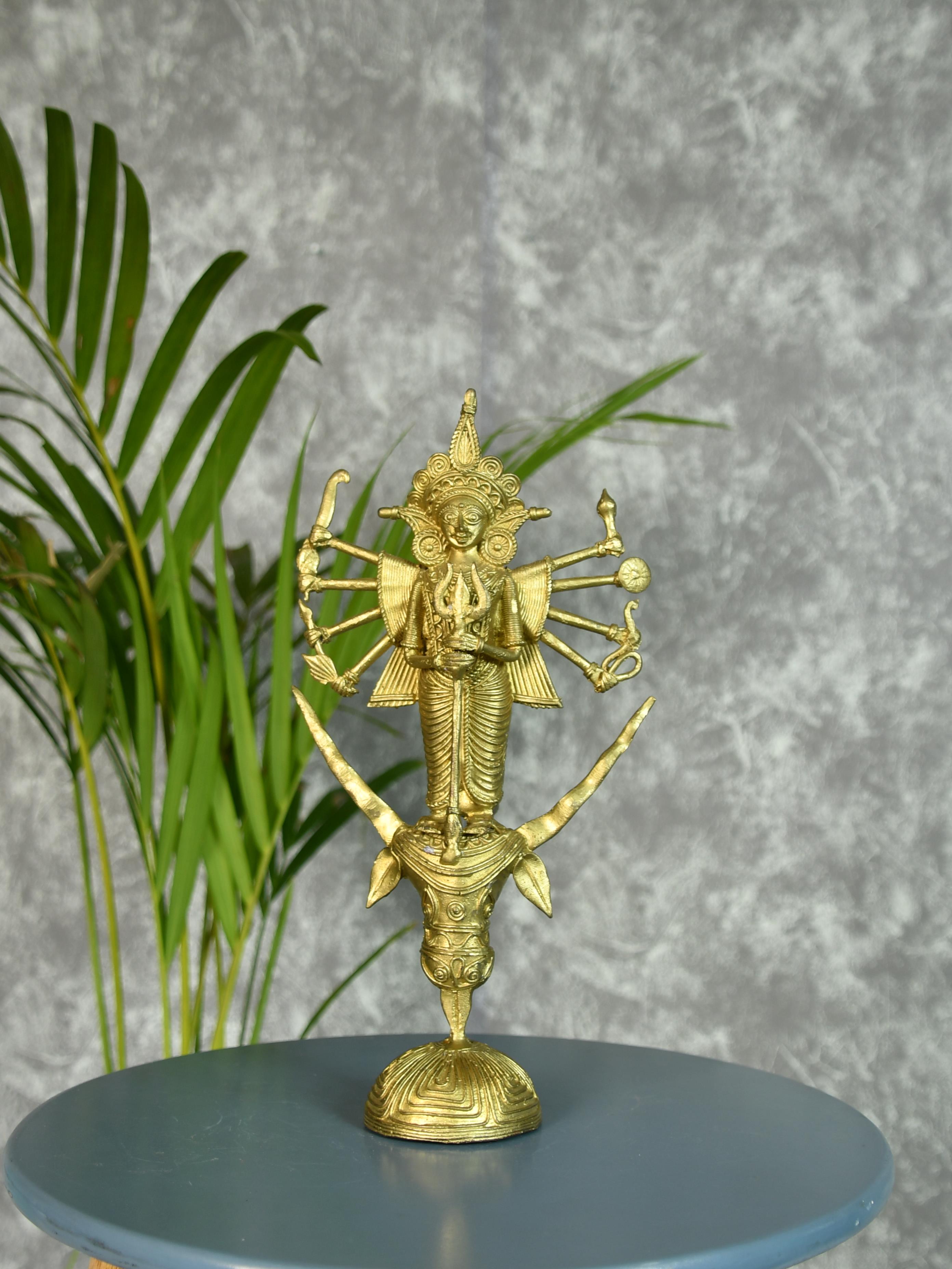 Sowpeace Dhokra Craft - Goddess Durga Mahishasur Mardini Brass Decor