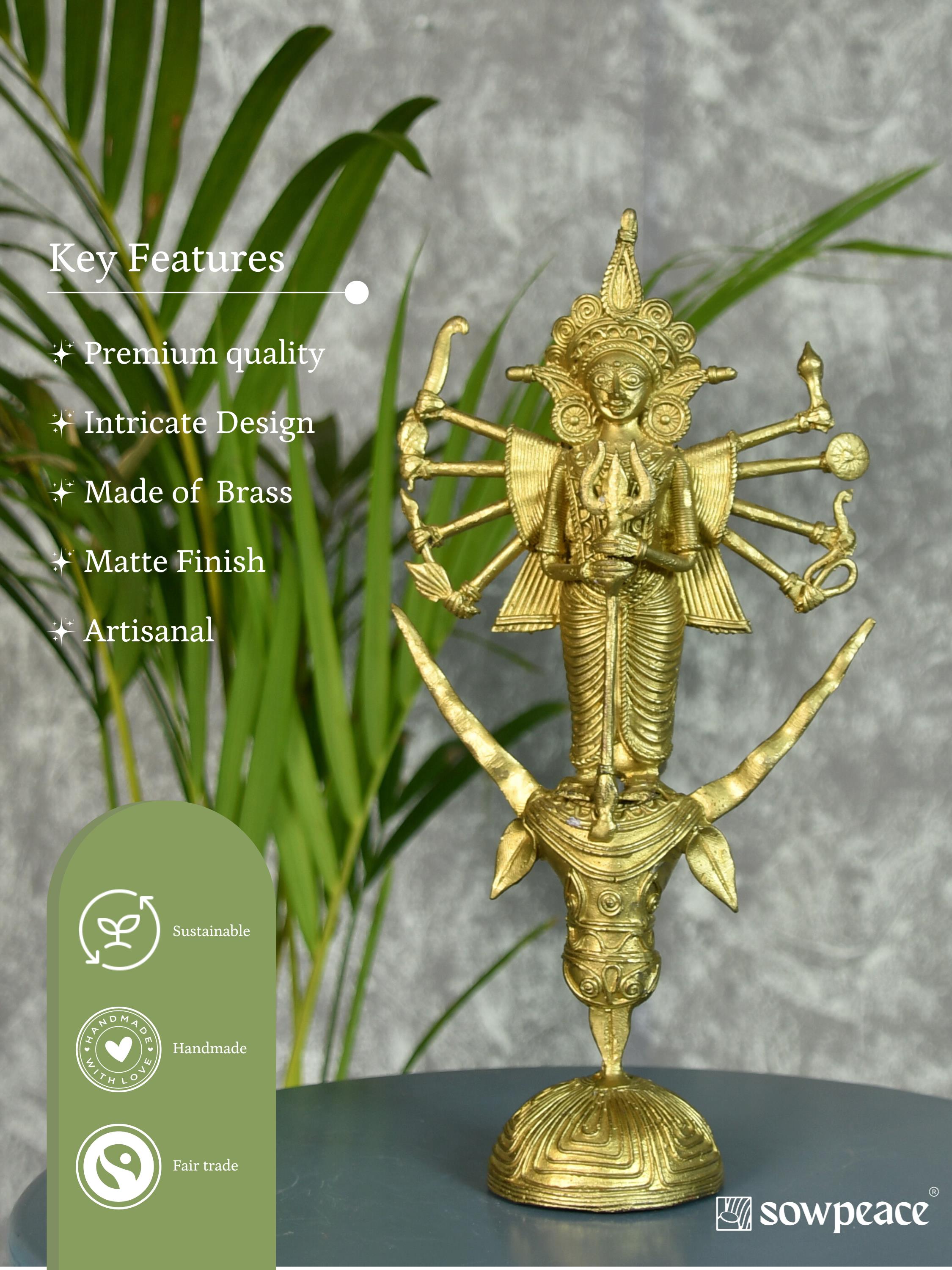 Sowpeace Dhokra Craft - Goddess Durga Mahishasur Mardini Brass Decor