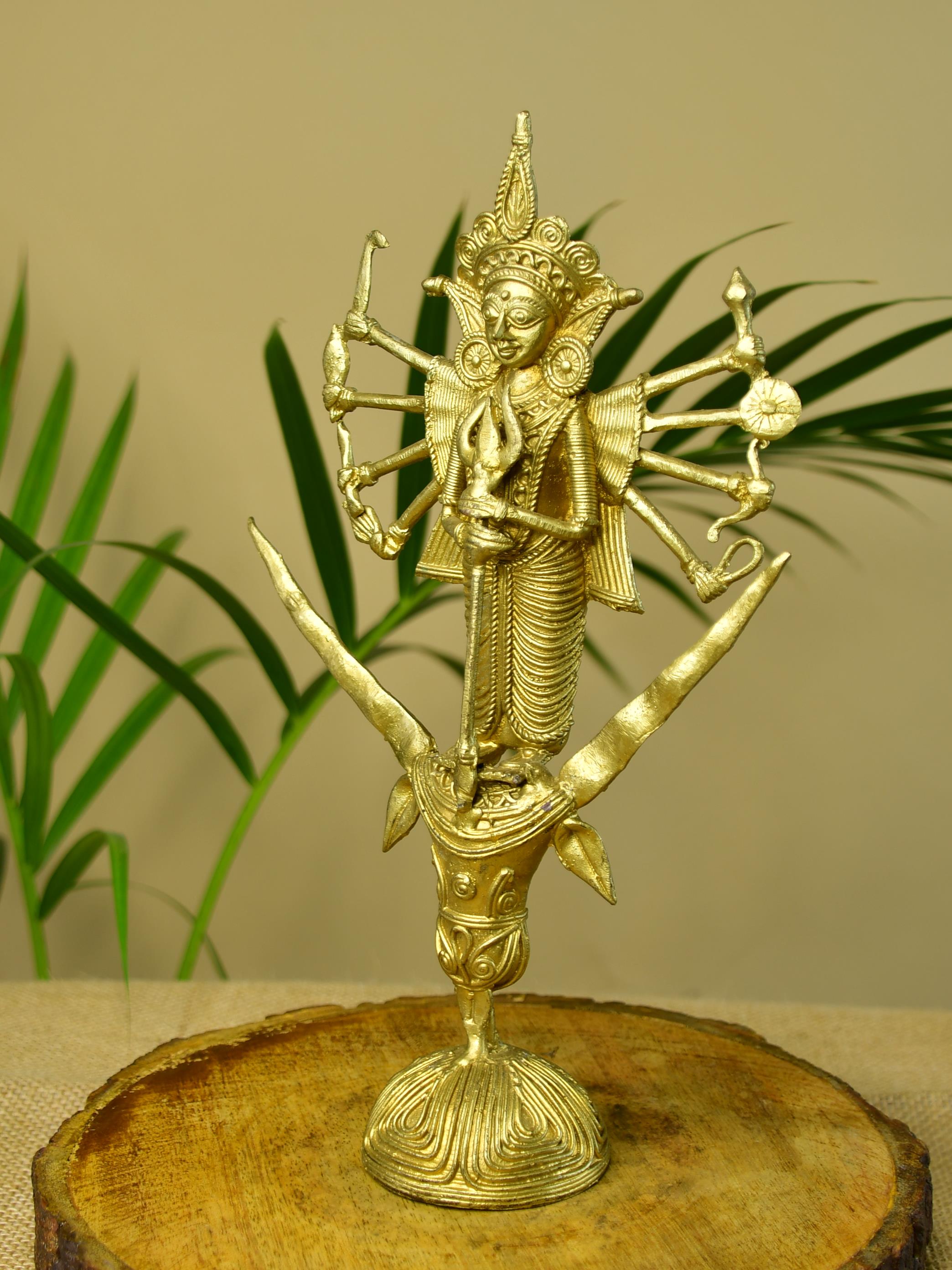 Sowpeace Dhokra Craft - Goddess Durga Mahishasur Mardini Brass Decor
