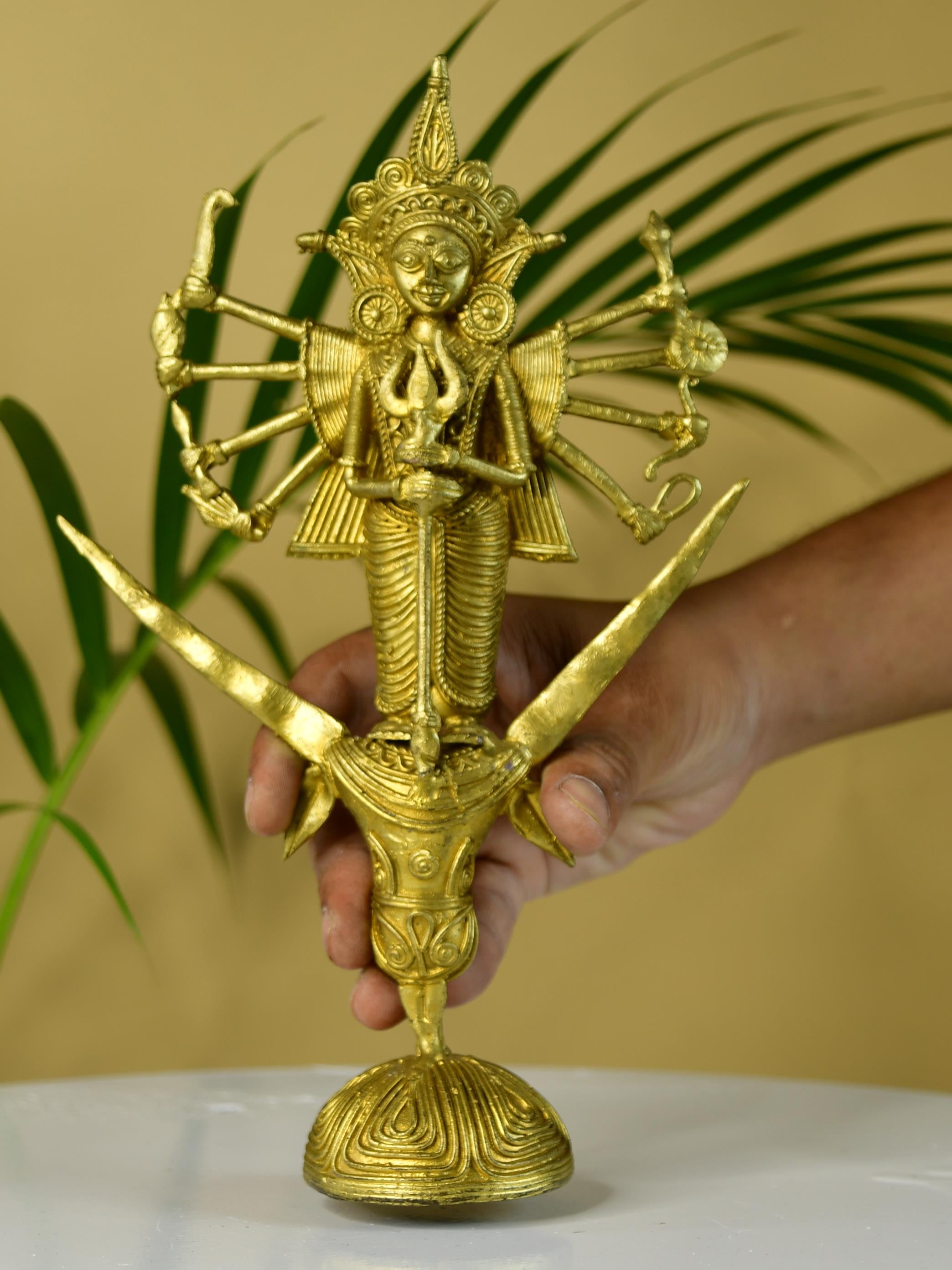 Sowpeace Dhokra Craft - Goddess Durga Mahishasur Mardini Brass Decor