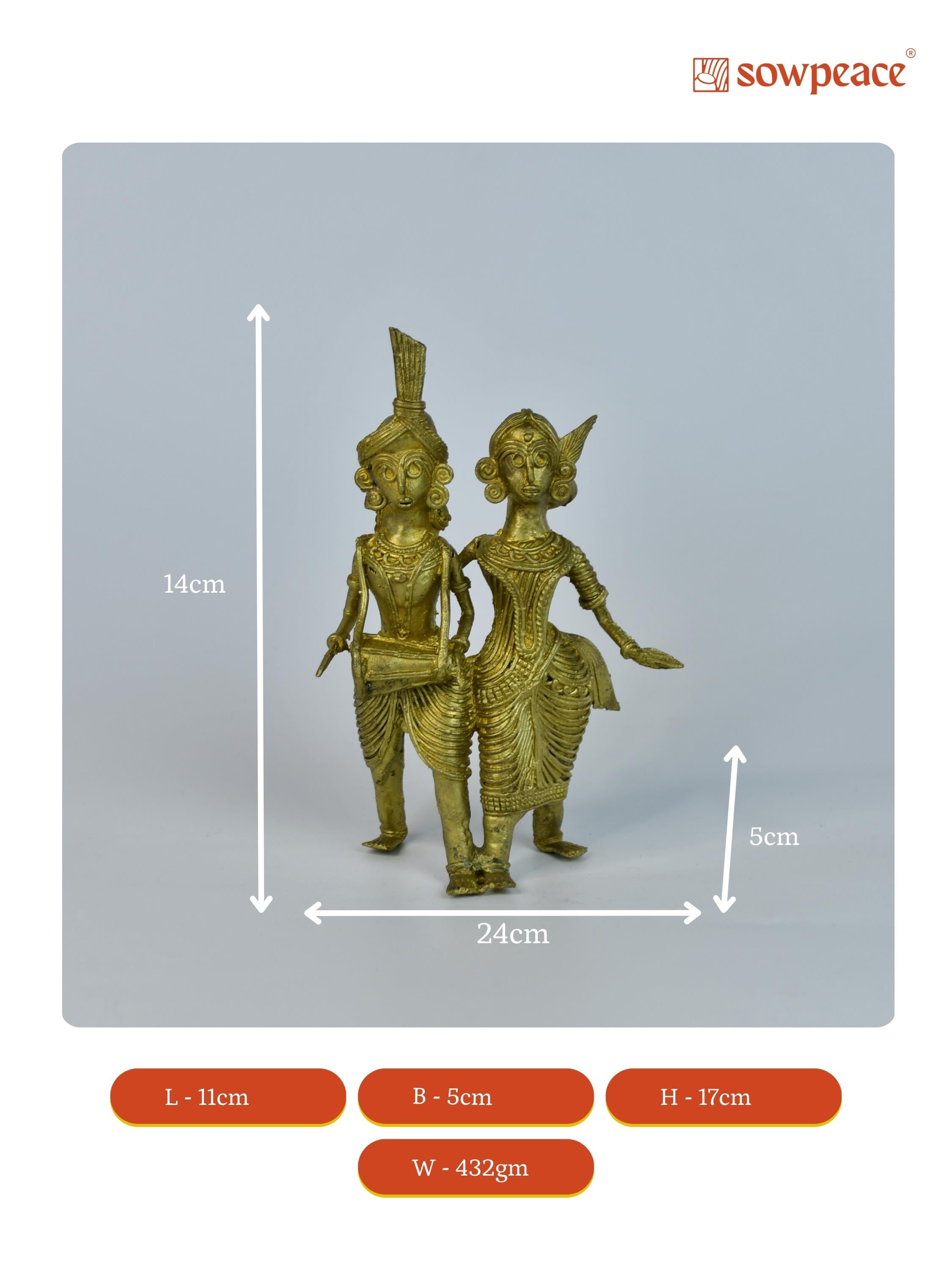 Sowpeace Artisanal Brass Dhokra Sculpture: Tribal Couple with Dhol