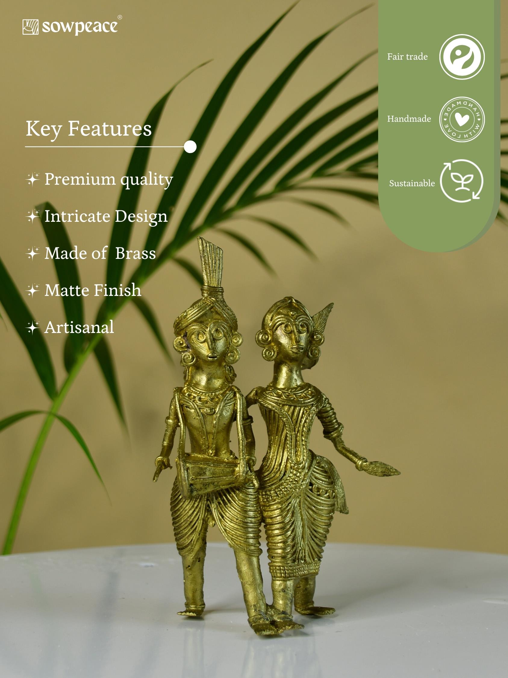 Sowpeace Artisanal Brass Dhokra Sculpture: Tribal Couple with Dhol