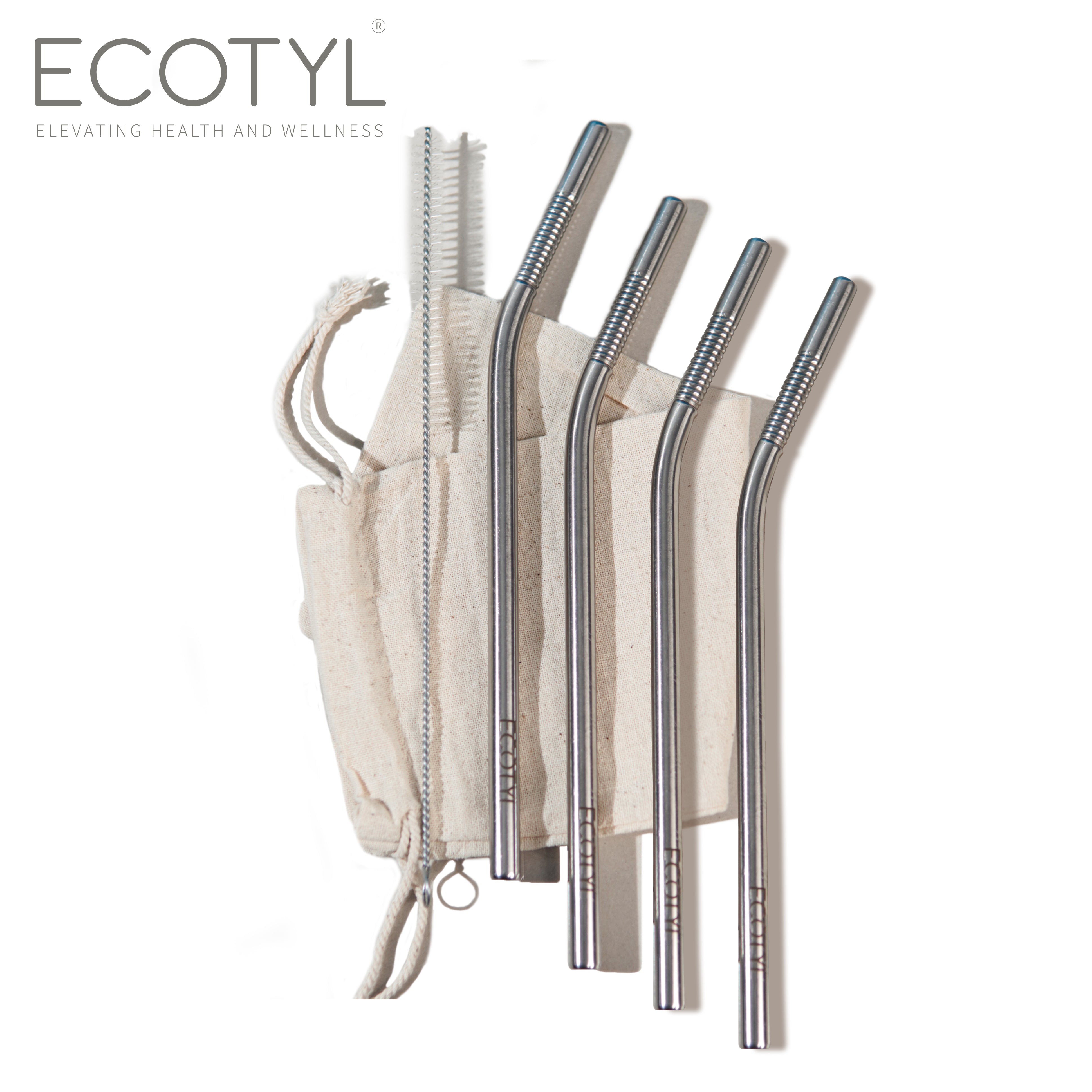 Ecotyl Stainless Steel Straw Bent with Cleaning Brush | Reusable Straws | Set of 4