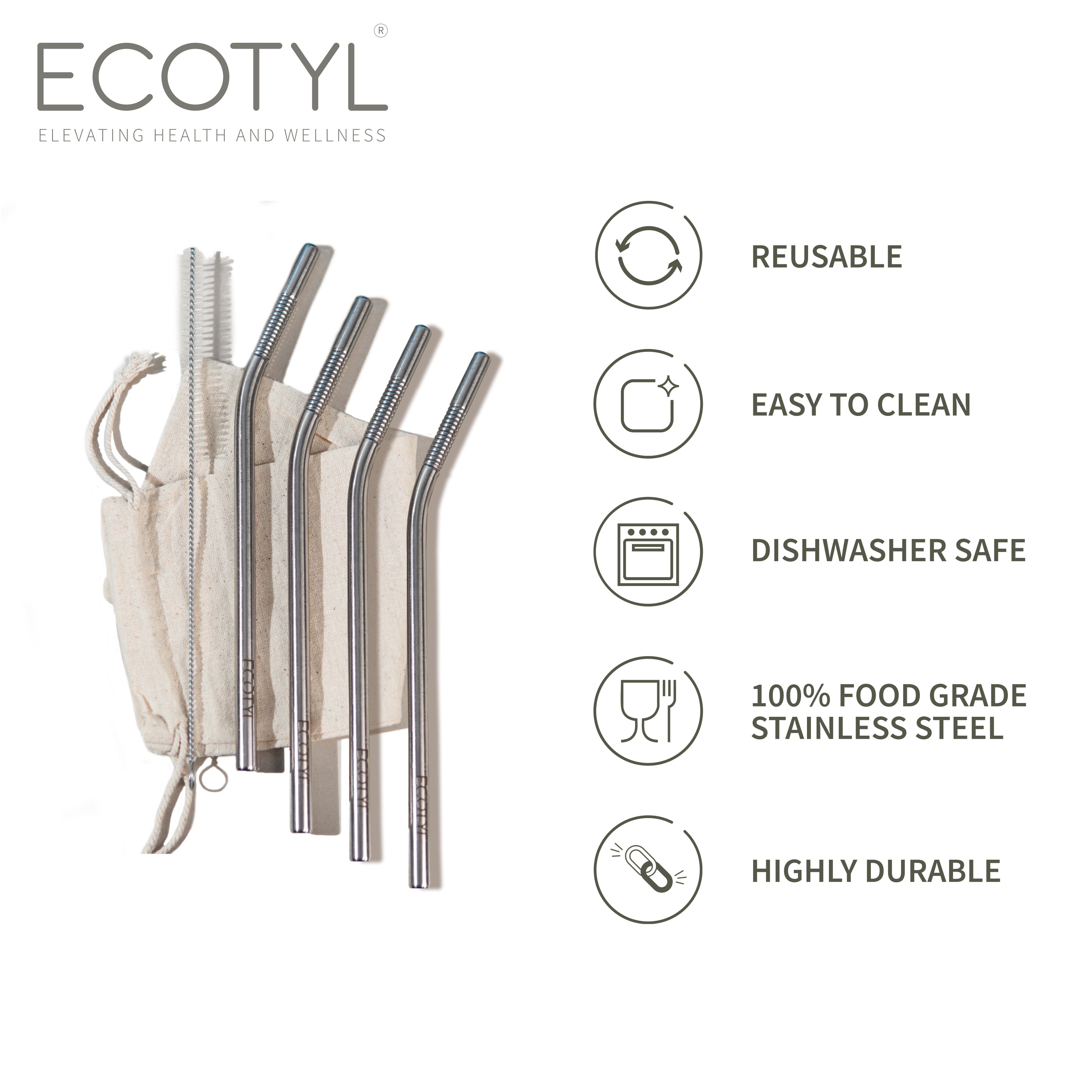 Ecotyl Stainless Steel Straw Bent with Cleaning Brush | Reusable Straws | Set of 4