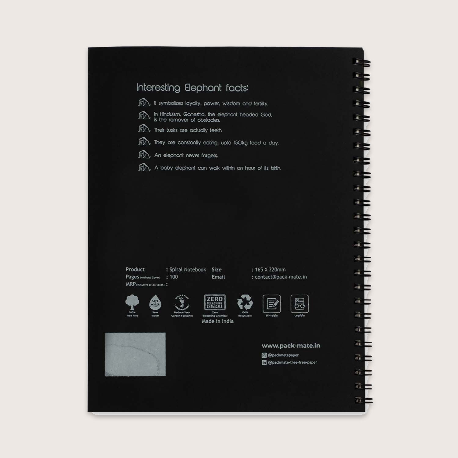 Packmate Spiral Notebook - (Pack of 5) Made From 100% Recycled Paper ( cover design: Origami Elephant )