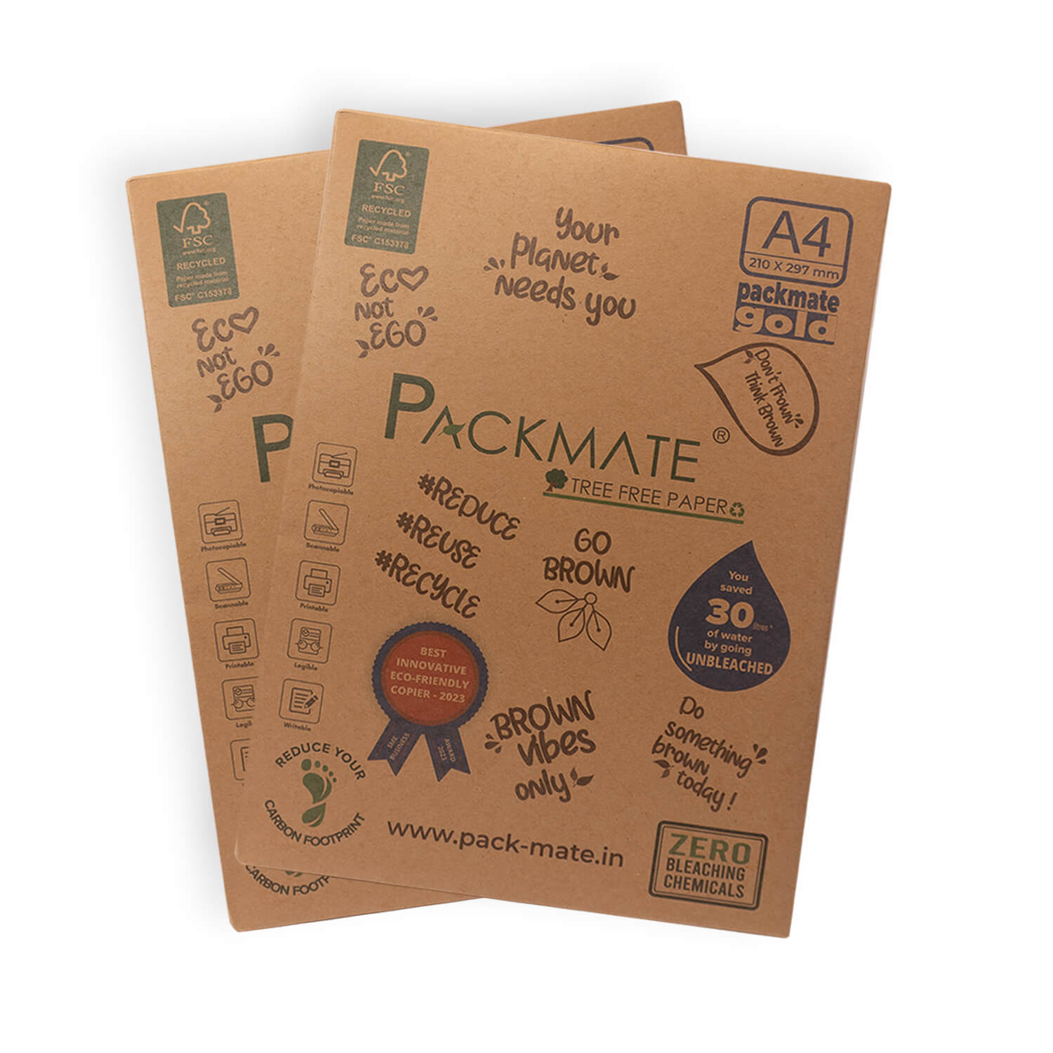 PackMate Gold Unbleached Natural Shade Brown Copier | Made Using 100% Recycled Paper | Biodegradable & Recyclable - A4, 1 Ream, 500 Sheets