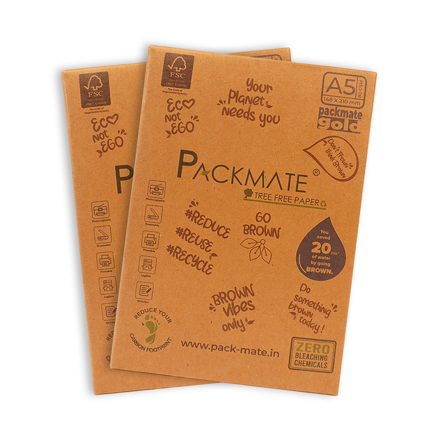 Packmate Gold Unbleached Copier - Natural Shade - A5 Size - | Made of 100% Recycled Paper - Tree Free Paper - 2 Ream - 1000 sheets
