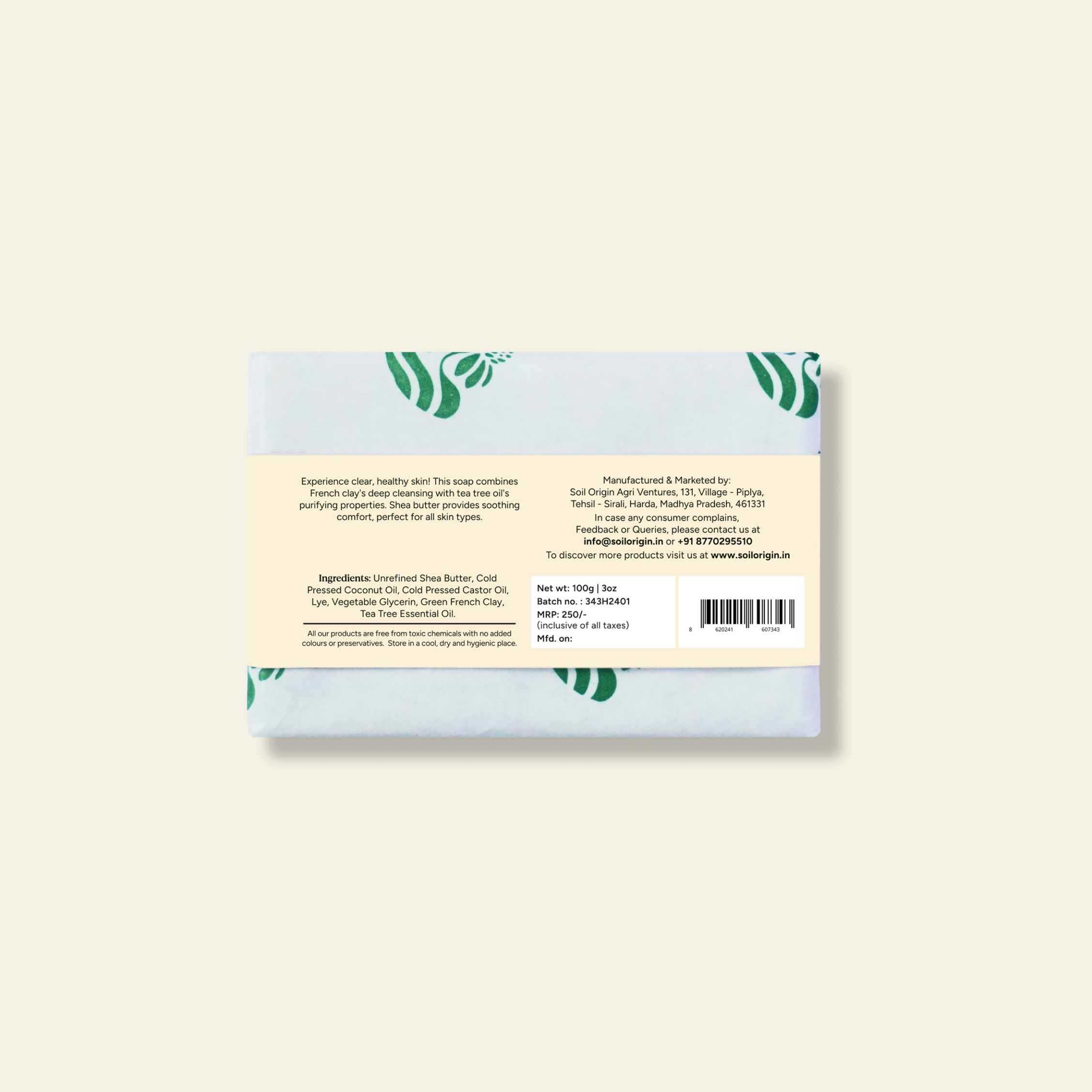 Soil Origin Green French Clay & Tea Tree Body Soap With Shea Butter - 100 Gm