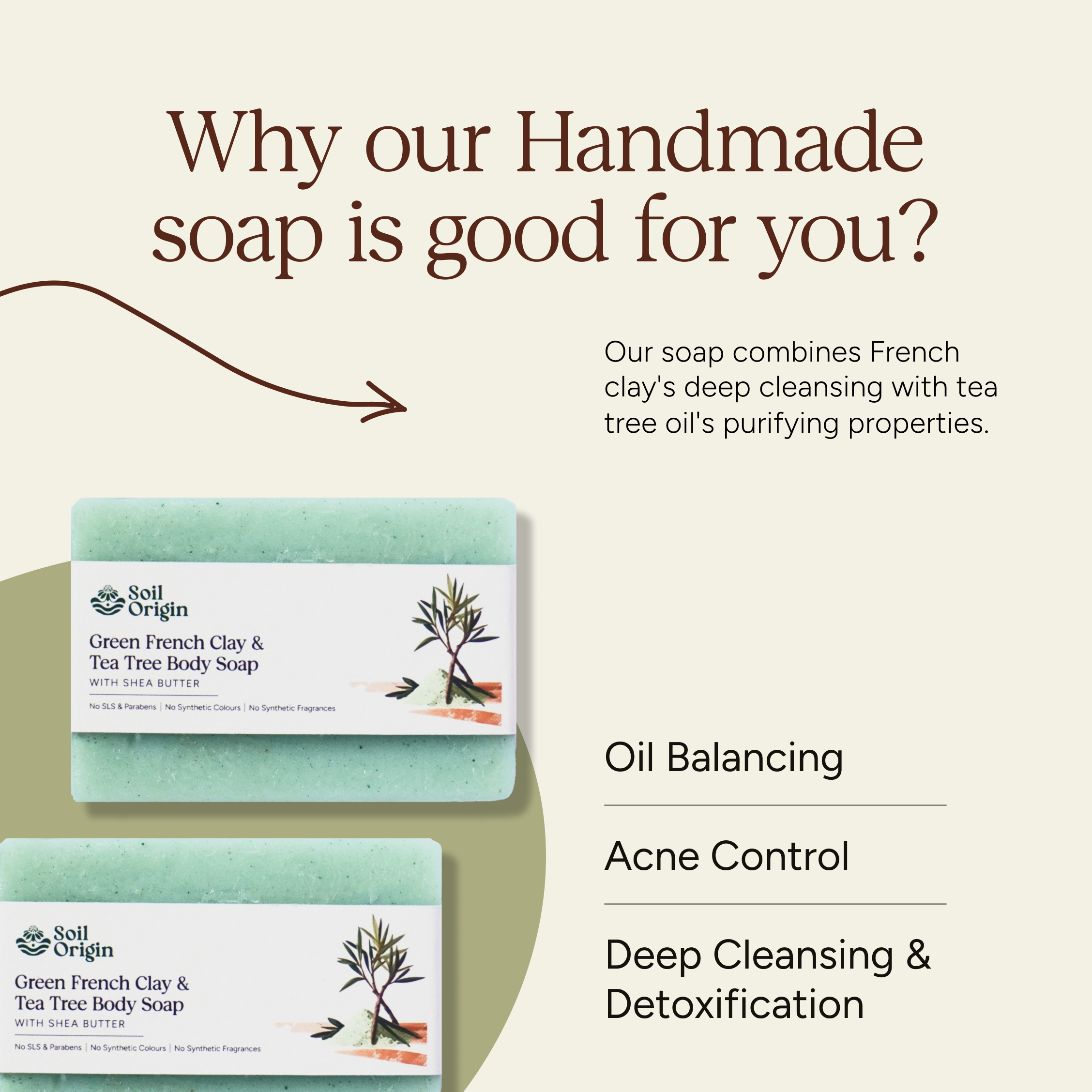 Soil Origin Green French Clay & Tea Tree Body Soap With Shea Butter - 100 Gm