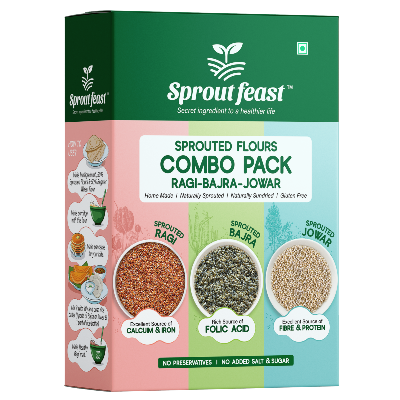 Sprout Feast Sprouted flours Combo packs - Sprouted Ragi (250g), Sprouted Jowar (250g), Sprouted Bajra (250g)