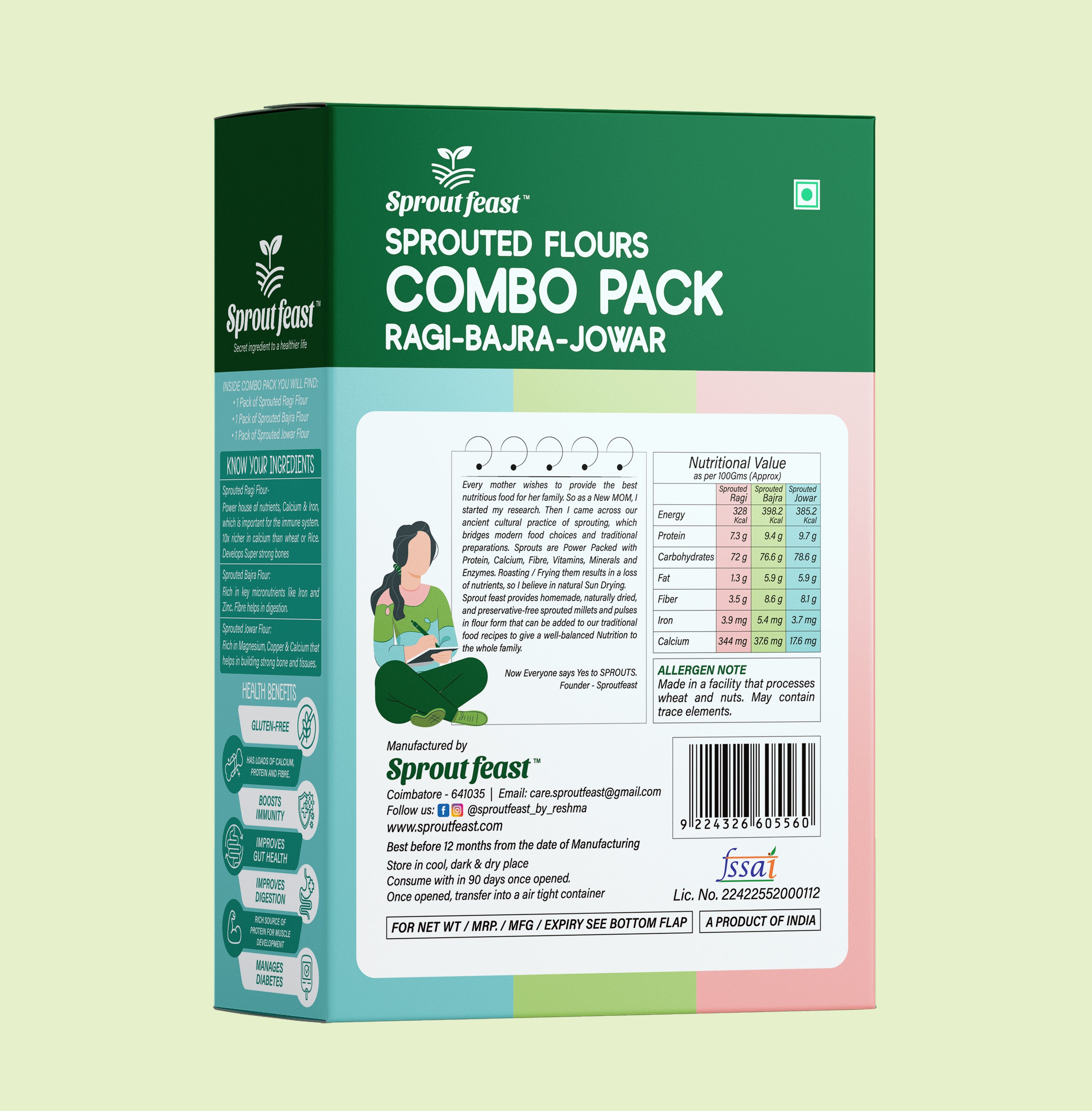 Sprout Feast Sprouted flours Combo packs - Sprouted Ragi (250g), Sprouted Jowar (250g), Sprouted Bajra (250g)