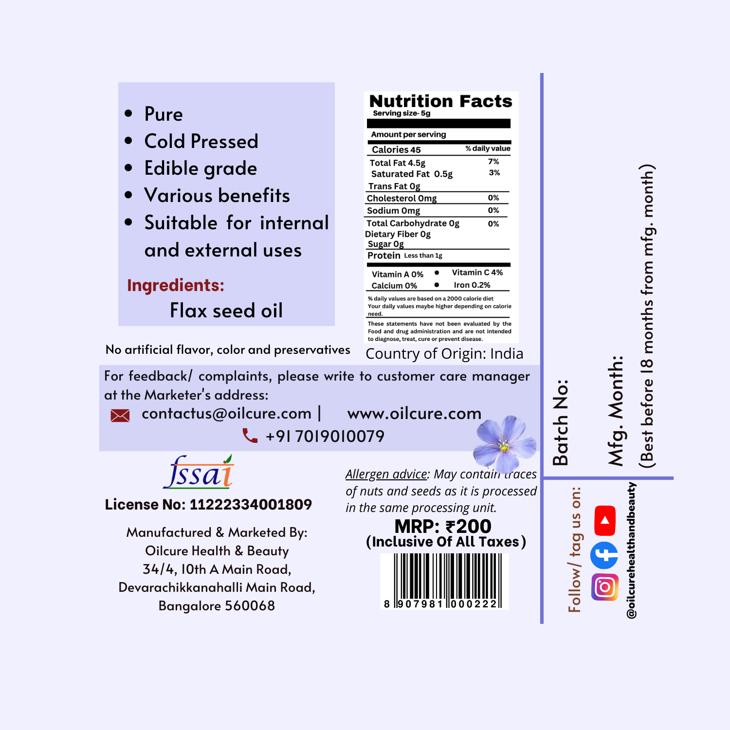 Oilcure Flax Seed Oil - 100 ml