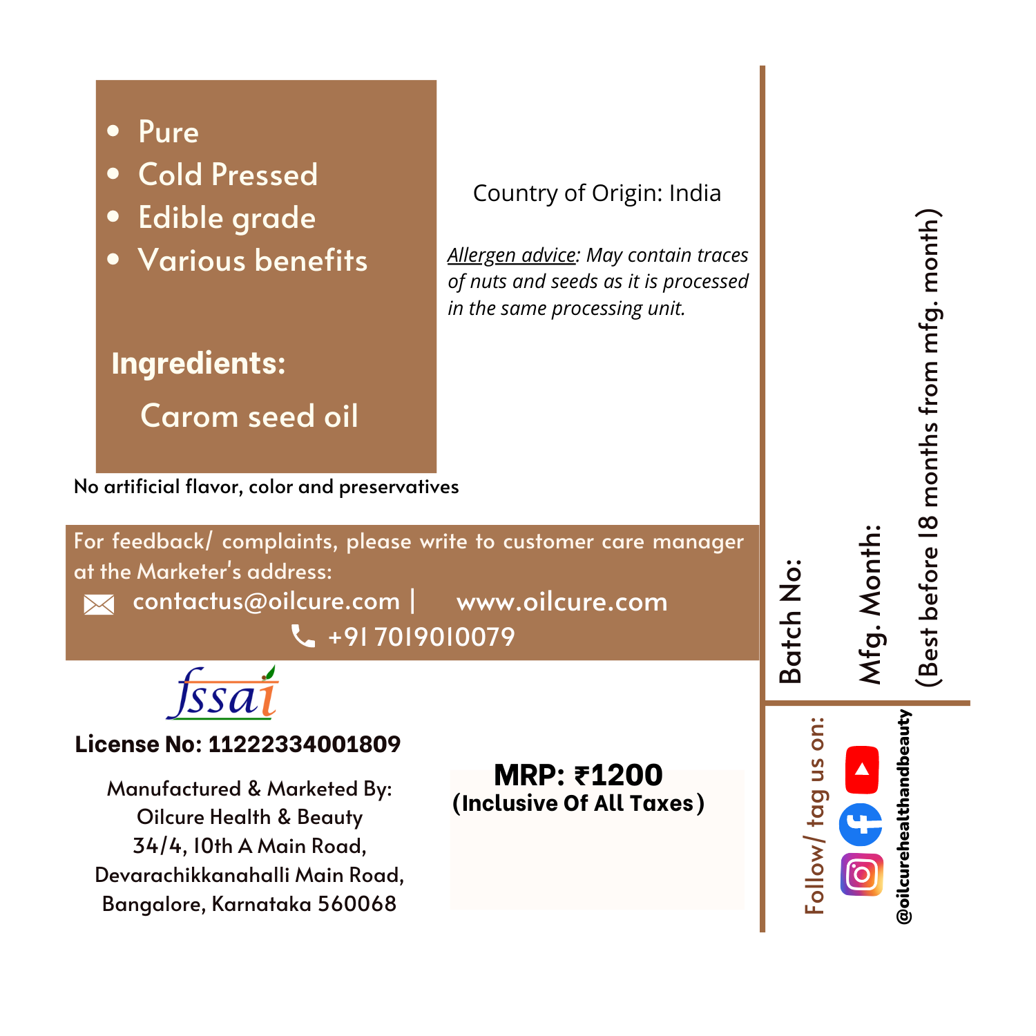 Oilcure Ajwain (Carom) Oil Cold Presssed-100 ml