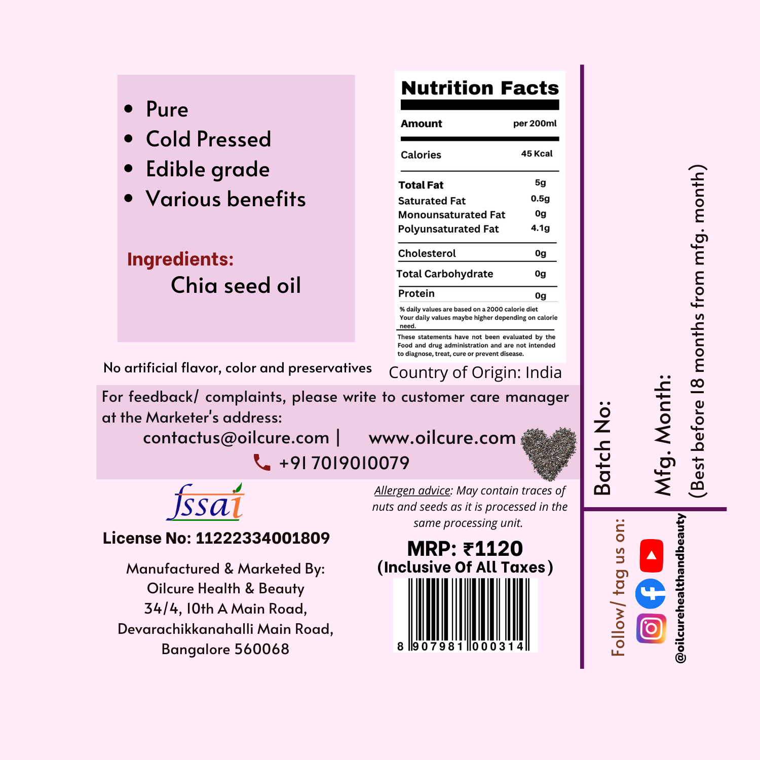 Oilcure Chia Seed Oil Cold Pressed- 100 ml