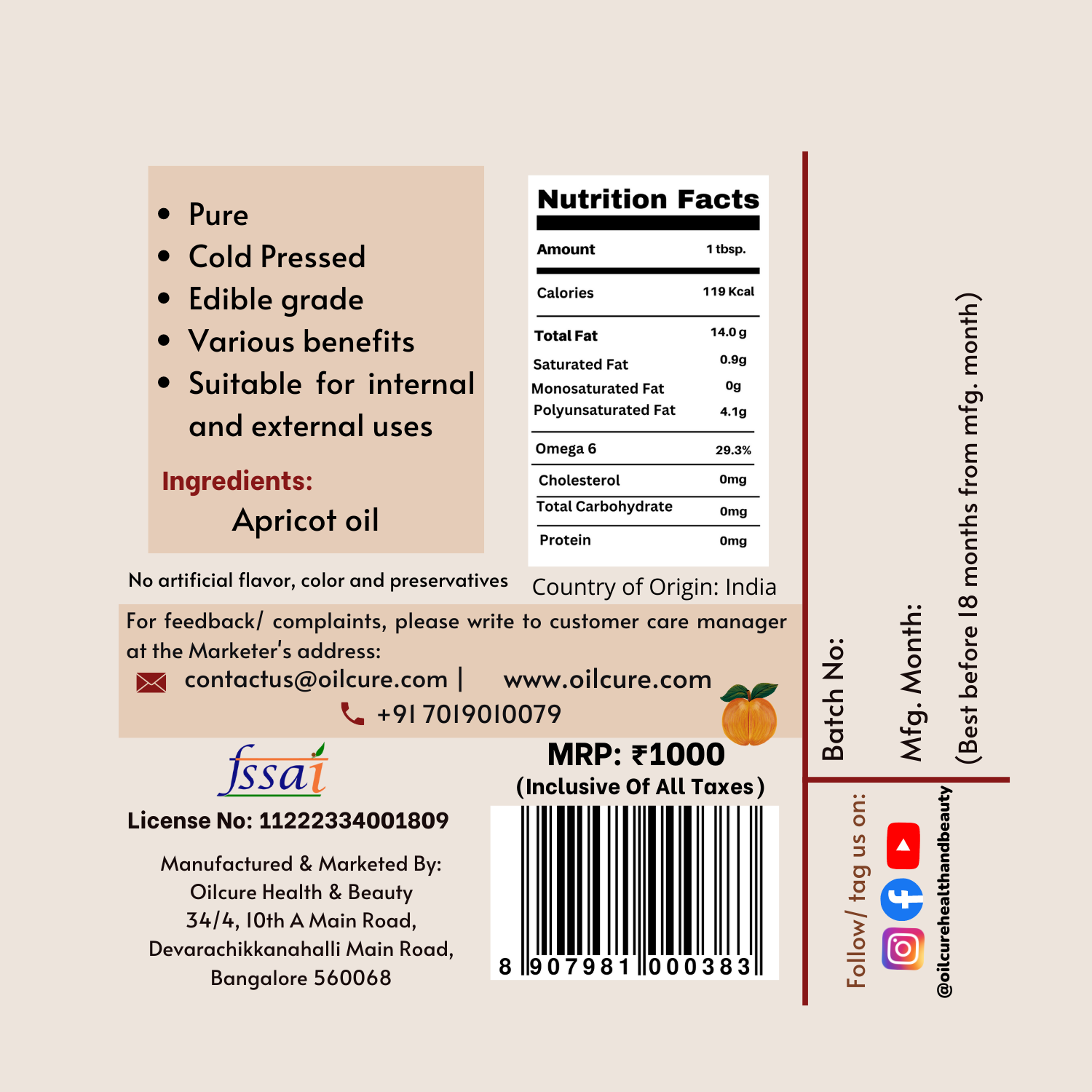 Oilcure Apricot Oil Cold Pressed -100 ml