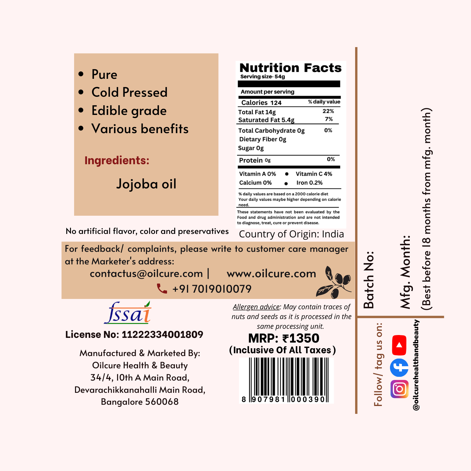 Oilcure Jojoba Oil Cold Pressed -100 ml