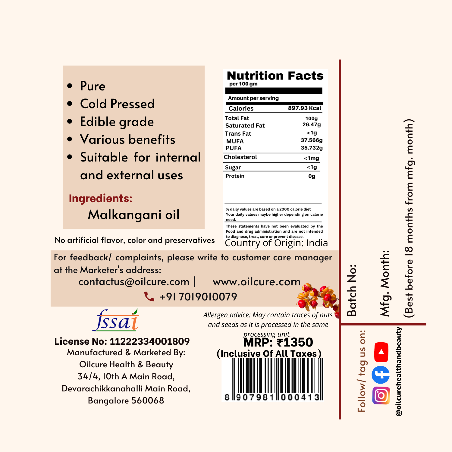 Oilcure Malkangani Oil Cold Pressed - 100 ml